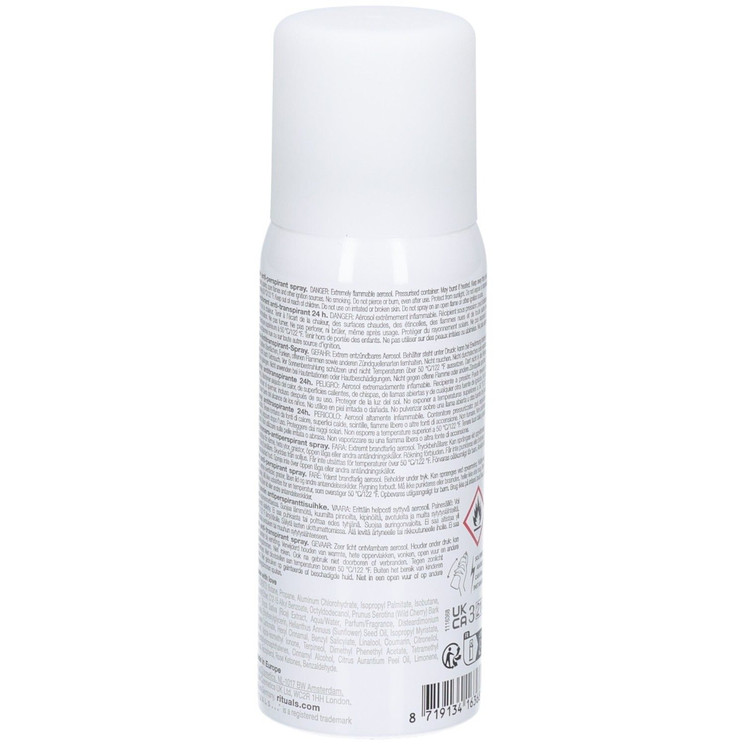 Arrière du spray anti-transpirant RITUALS The Ritual of Sakura avec informations produit.