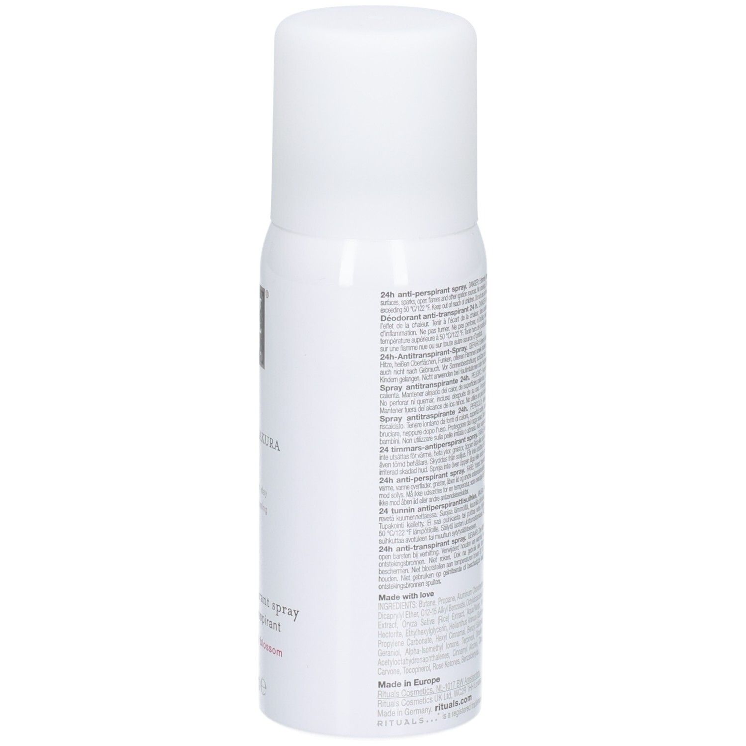 Arrière du spray anti-transpirant RITUALS The Ritual of Sakura avec informations produit.