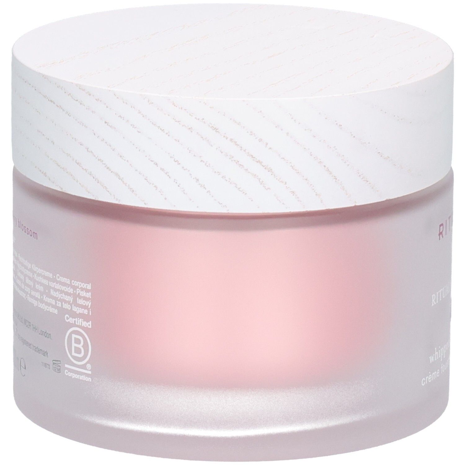 Arrière du pot RITUALS The Ritual of Sakura Crème Corps Fouettée avec certification B Corp.