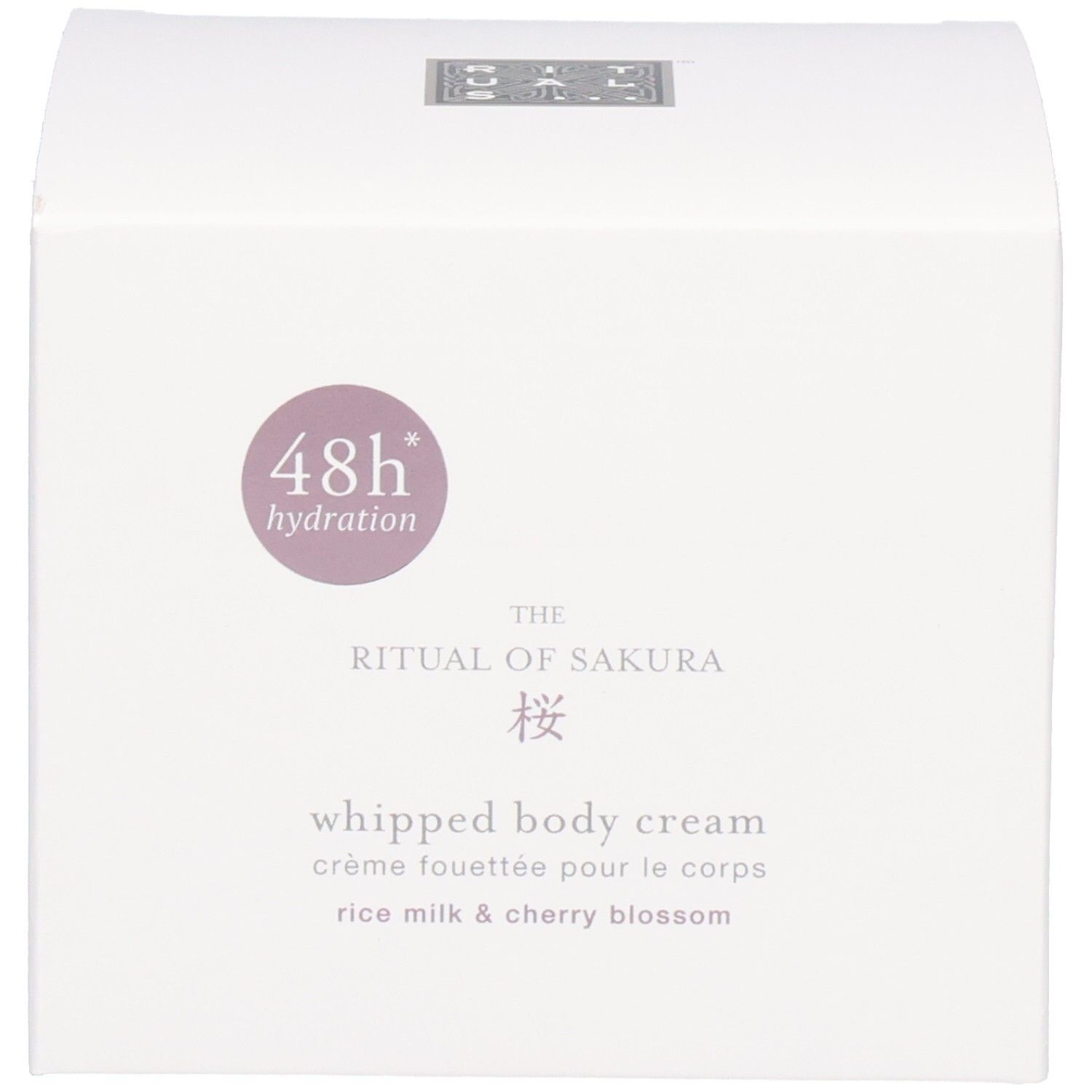 Emballage RITUALS The Ritual of Sakura Crème Corps Fouettée avec indication 48h d'hydratation.