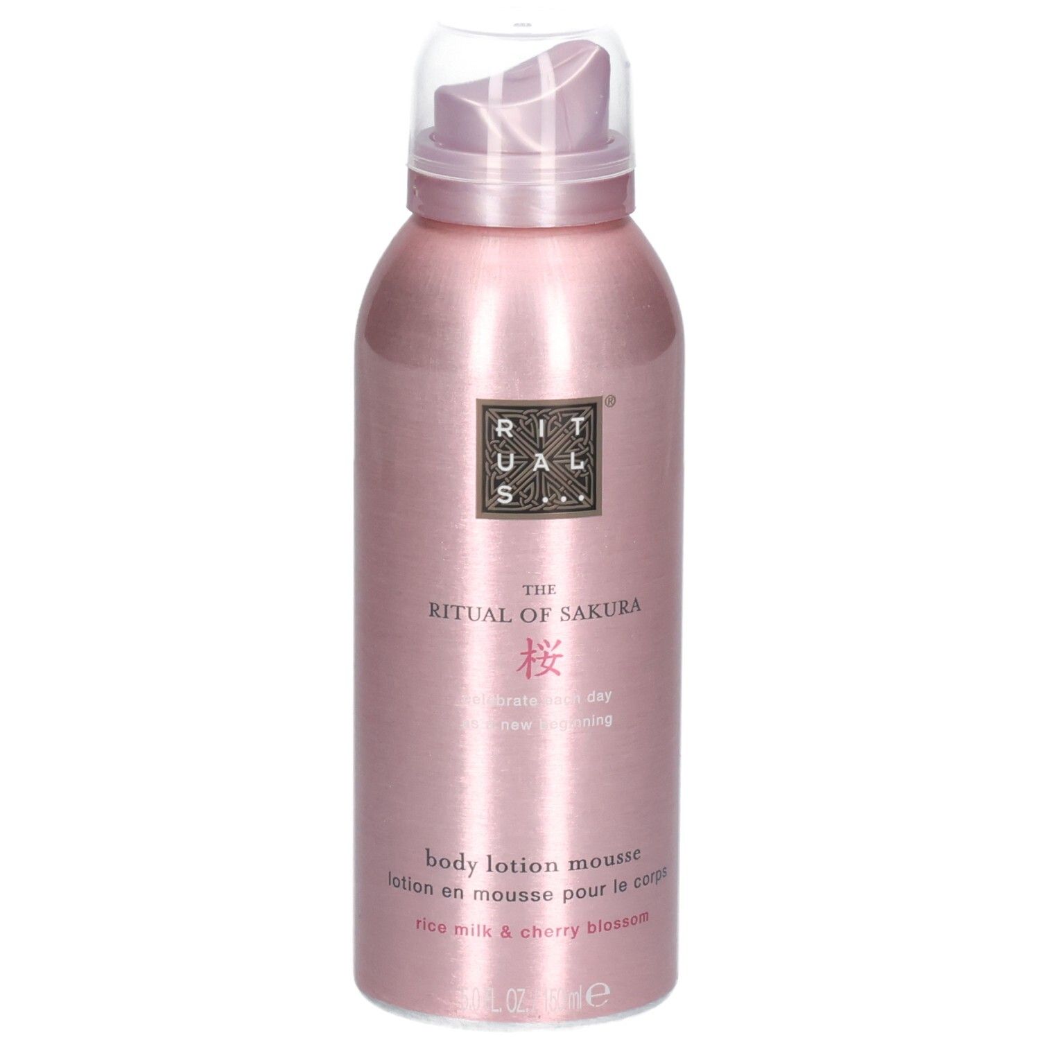 Mousse lotion pour le corps Rituals Sakura dans une boîte métallique rose avec pompe. Parfum : lait de riz et fleur de cerisier.