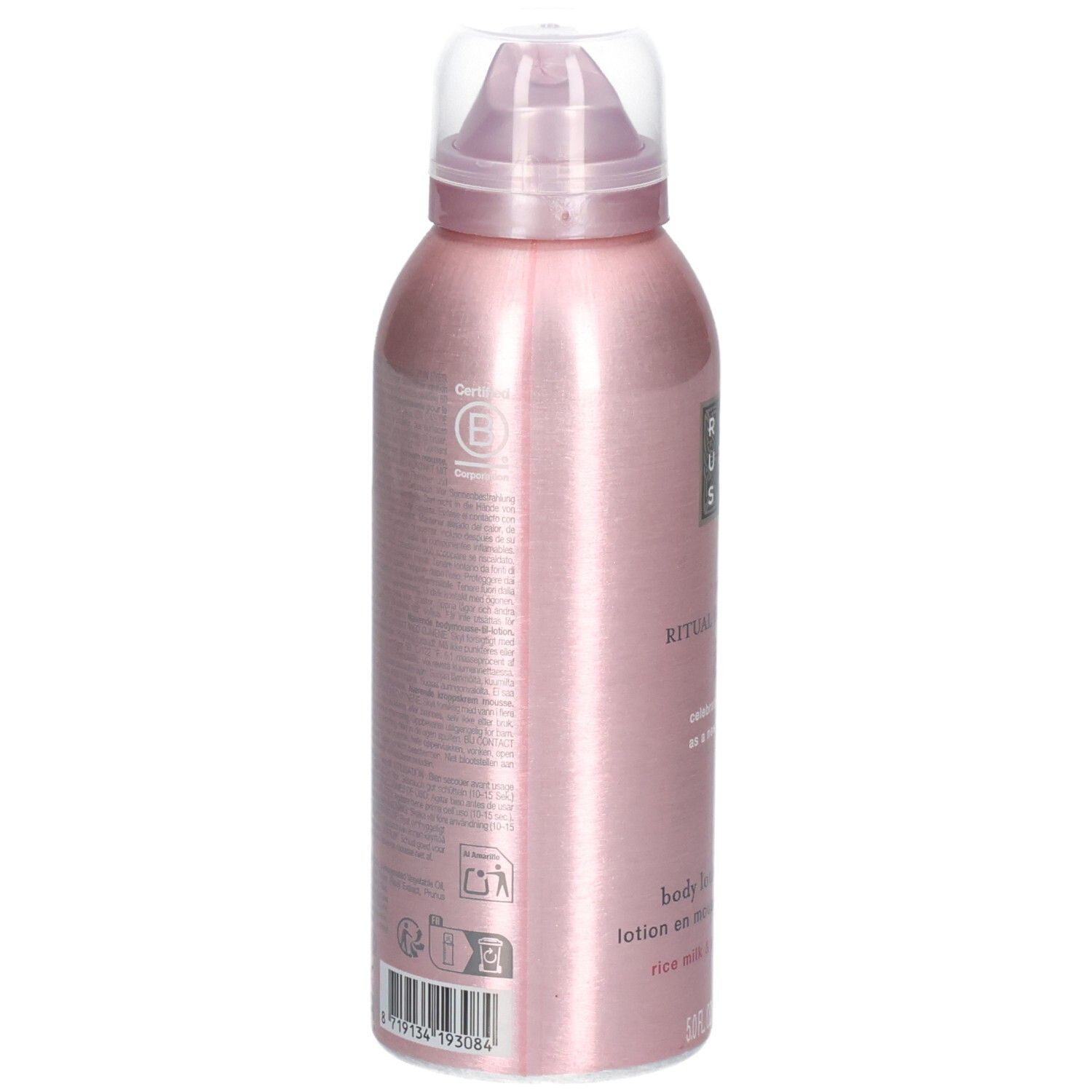 Arrière de la boîte de mousse lotion pour le corps Rituals Sakura. Contient les ingrédients et certifications.