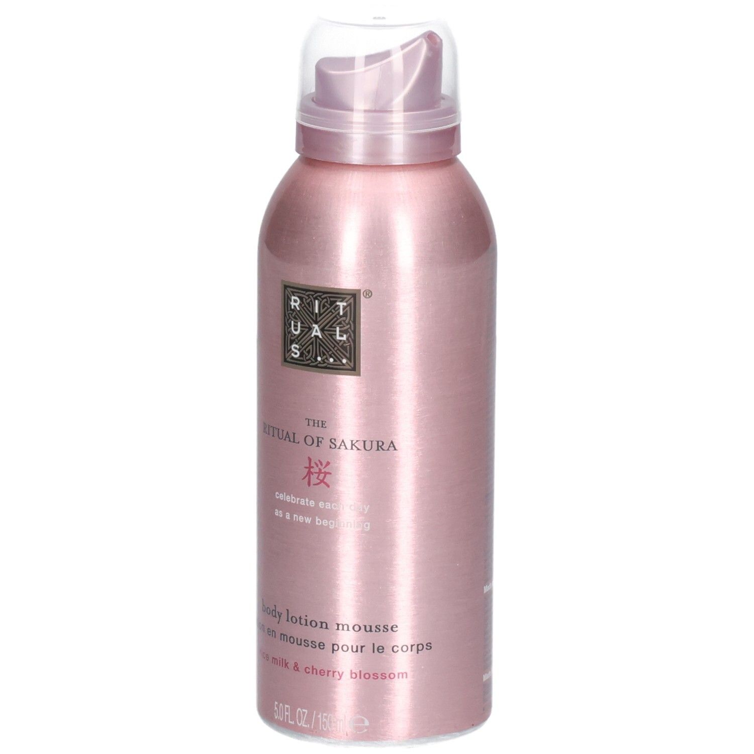 Mousse lotion pour le corps Rituals Sakura dans une boîte métallique rose. Texte avant : 'The Ritual of Sakura', 'body lotion mousse'.