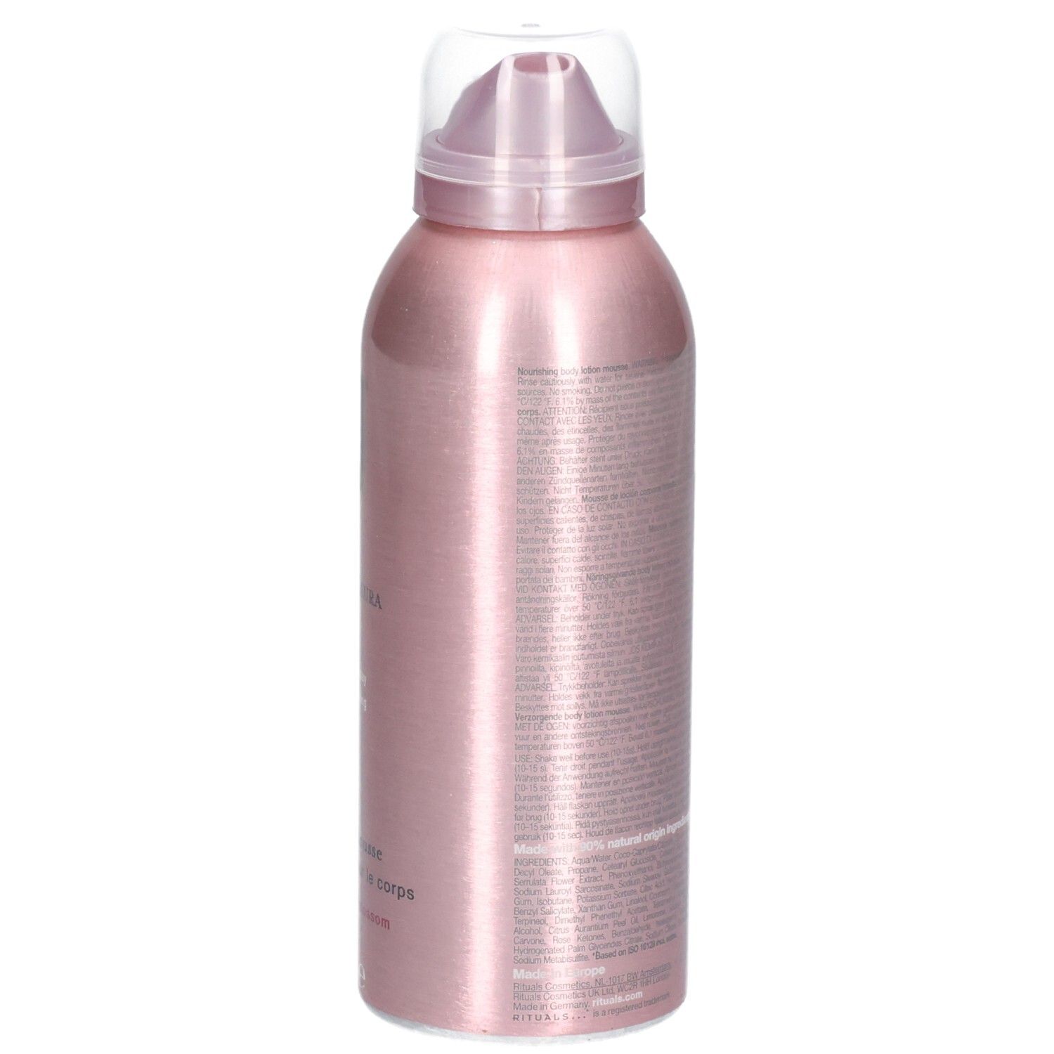 Côté de la boîte de mousse lotion pour le corps Rituals Sakura. Finition métallique rose avec pompe et texte.