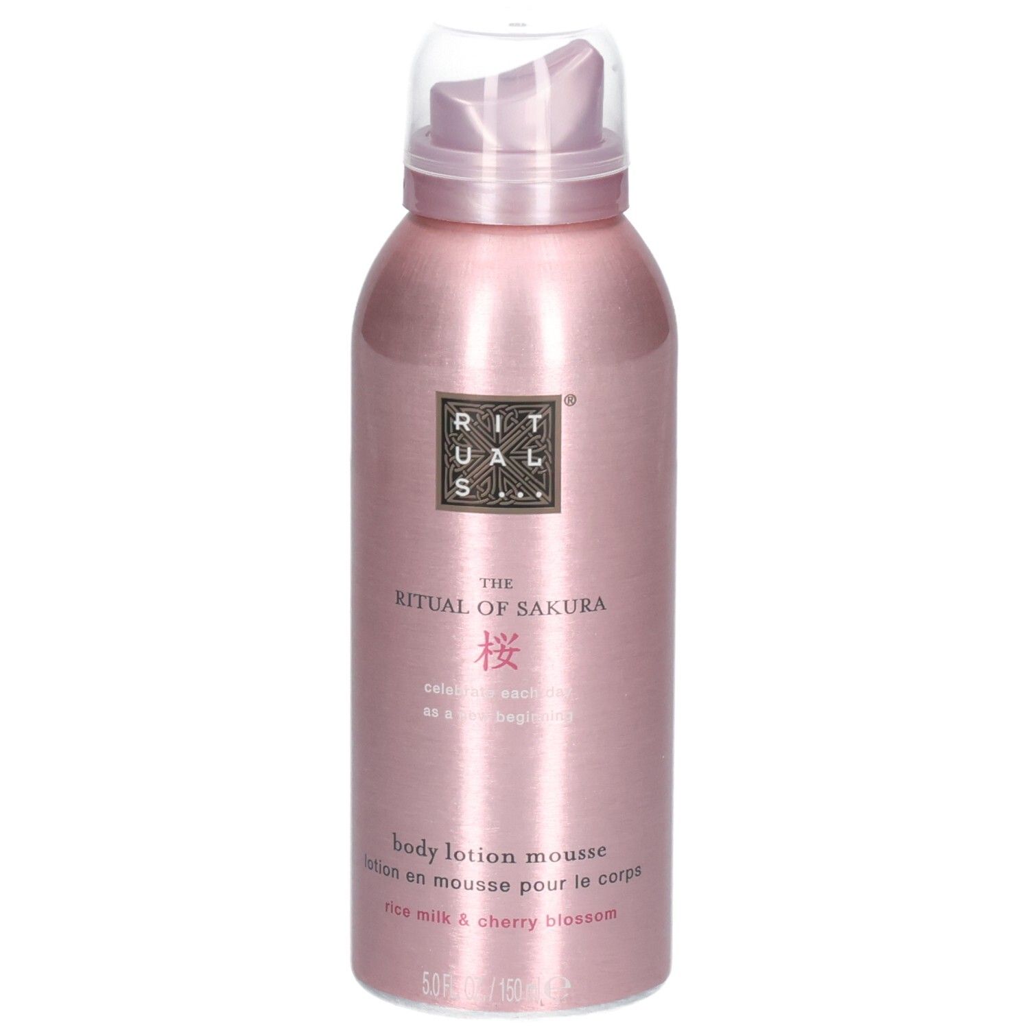 Mousse lotion pour le corps Rituals Sakura dans une boîte métallique rose. Vue de face avec pompe et informations produit.