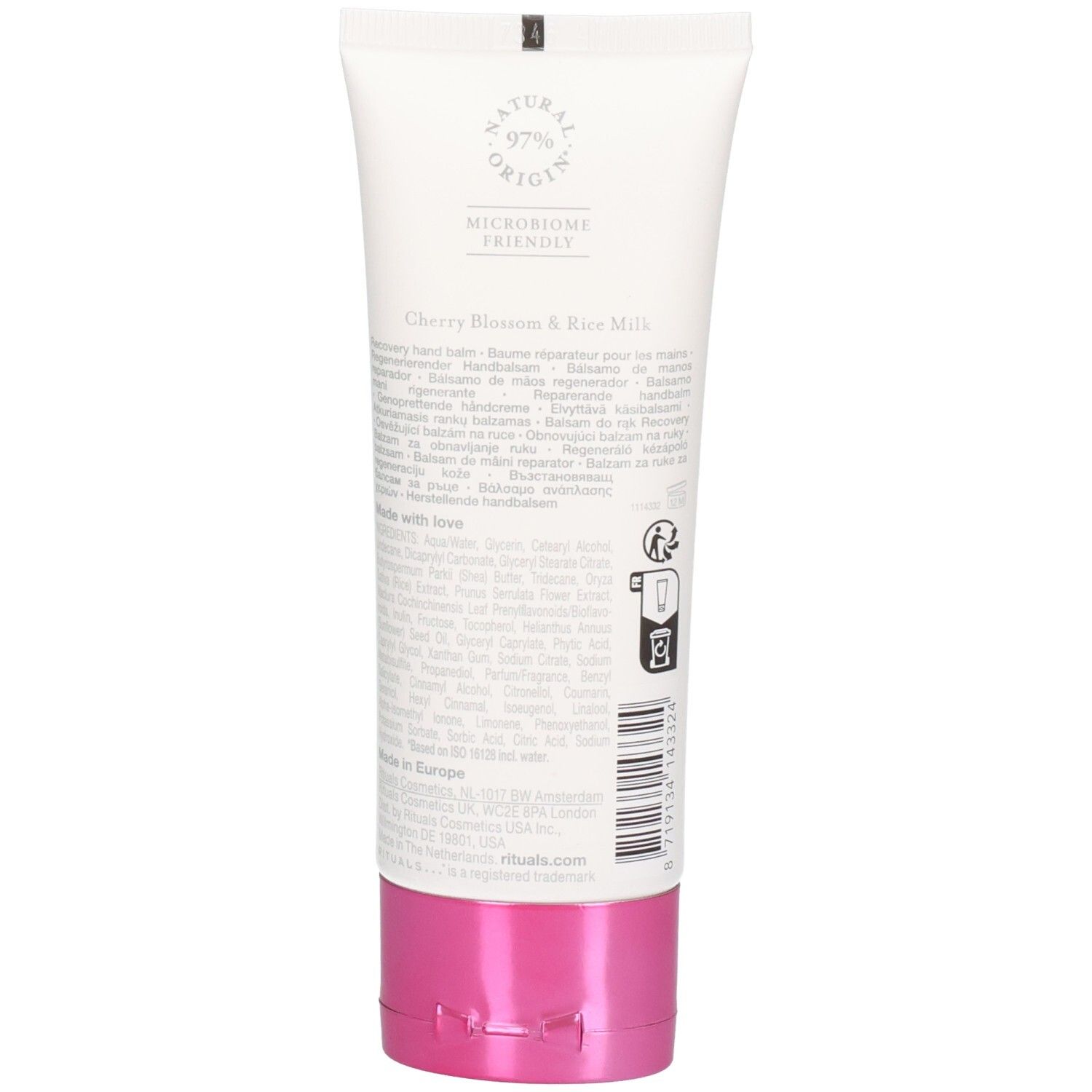 Arrière d'un tube blanc avec bouchon rose, contient les ingrédients et le code-barres.