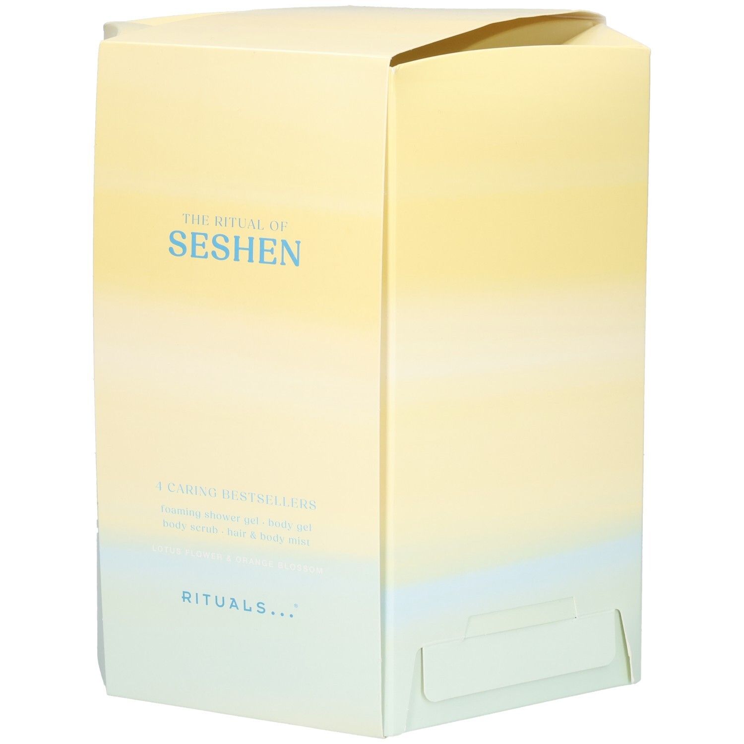 Emballage du coffret cadeau Ritual of Seshen avec un dégradé de jaune à bleu.
