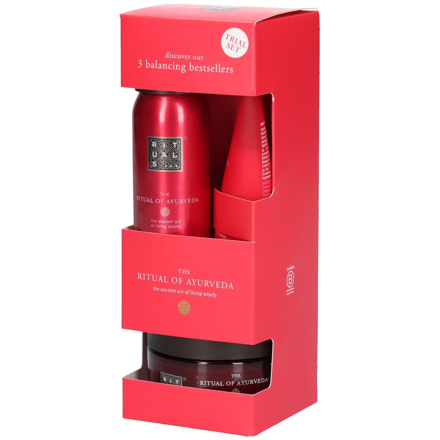 Coffret découverte RITUALS Ayurveda, 3 produits dans un emballage rouge.