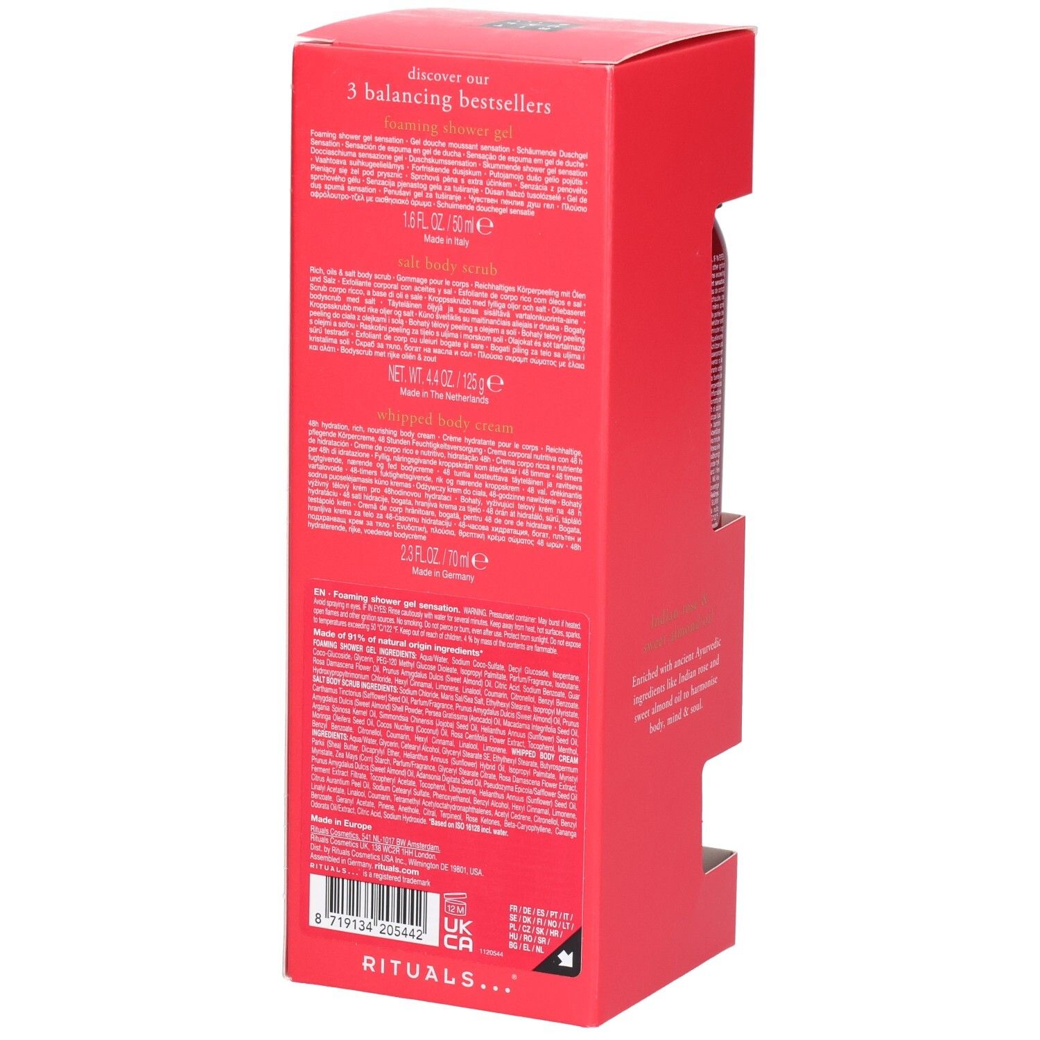 Coffret découverte RITUALS Ayurveda, vue latérale avec descriptions détaillées.