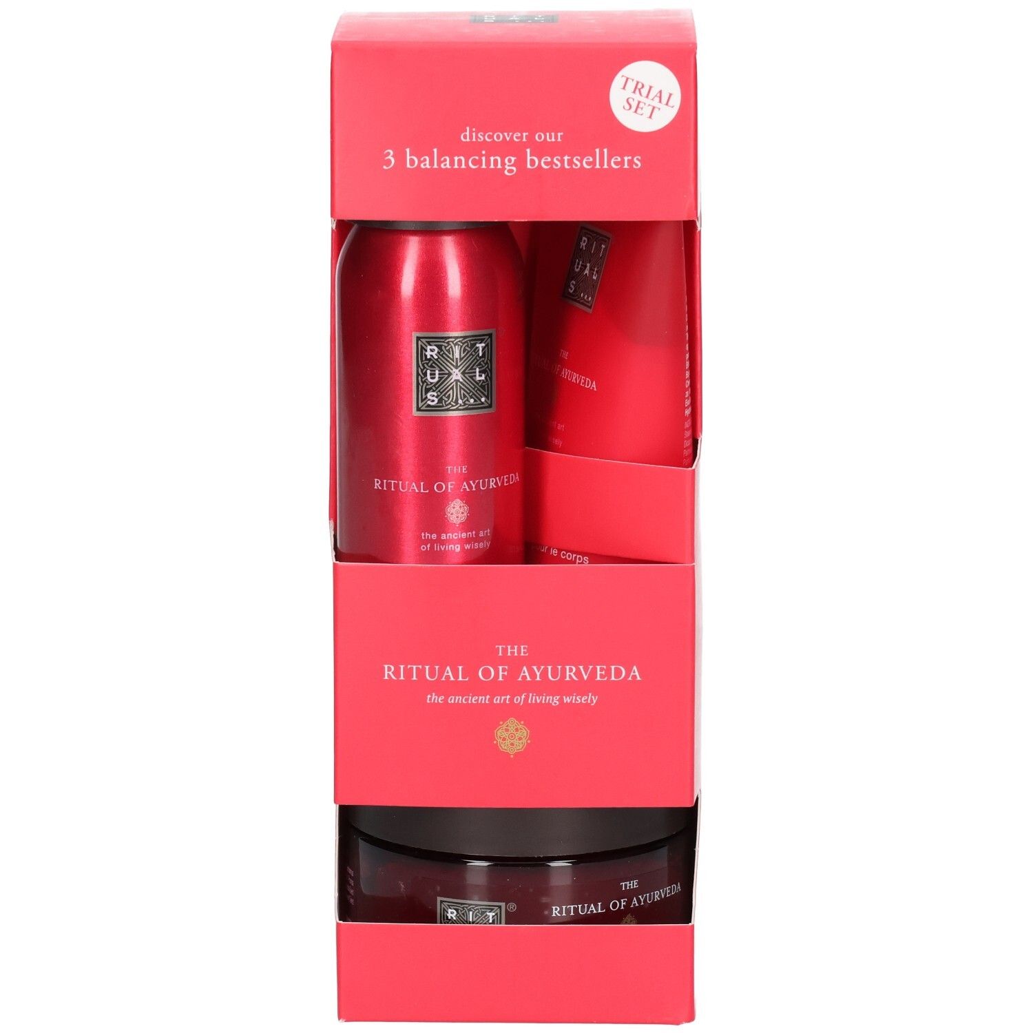 Coffret découverte RITUALS Ayurveda, vue de face avec trois produits rouges.