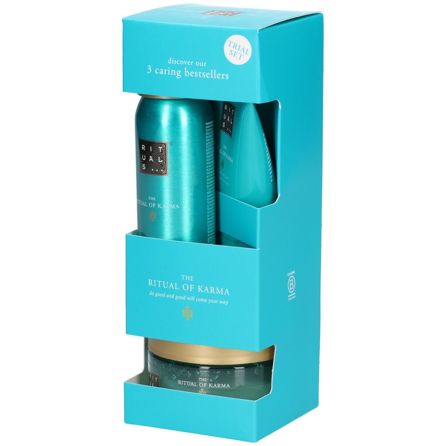 Set découverte RITUALS Karma : mousse de douche, crème pour le corps et gommage corporel dans un emballage turquoise.