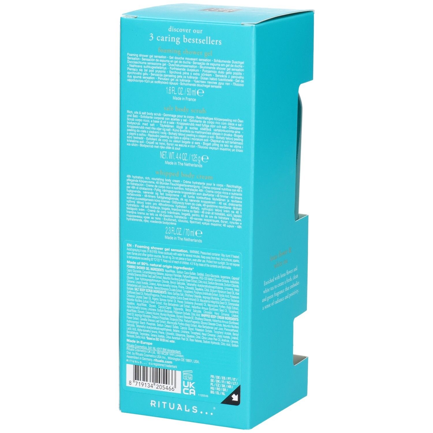 Set découverte RITUALS Karma : arrière de l'emballage avec informations produit et code-barres.