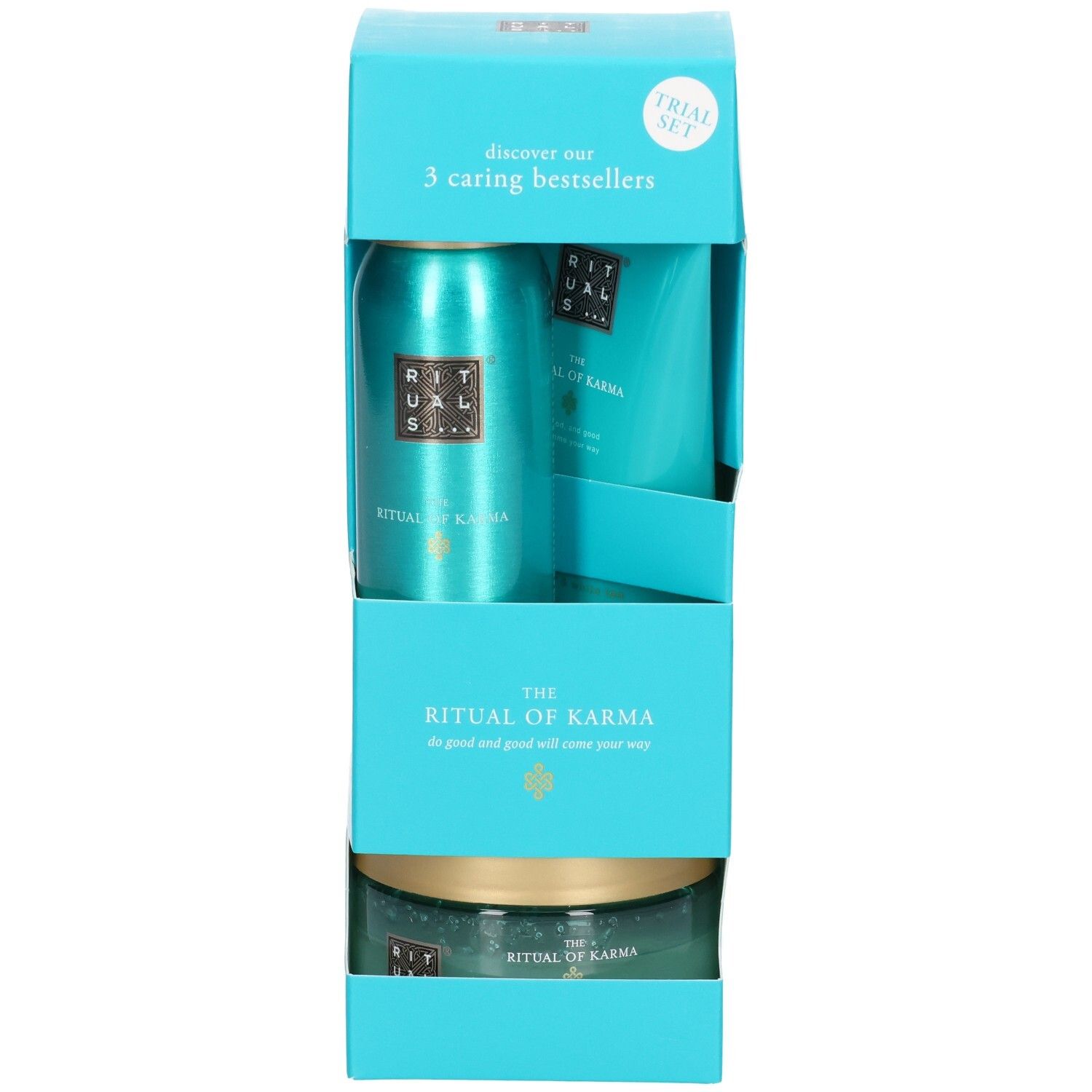 Set découverte RITUALS Karma : mousse de douche, crème pour le corps et gommage corporel dans un emballage turquoise.