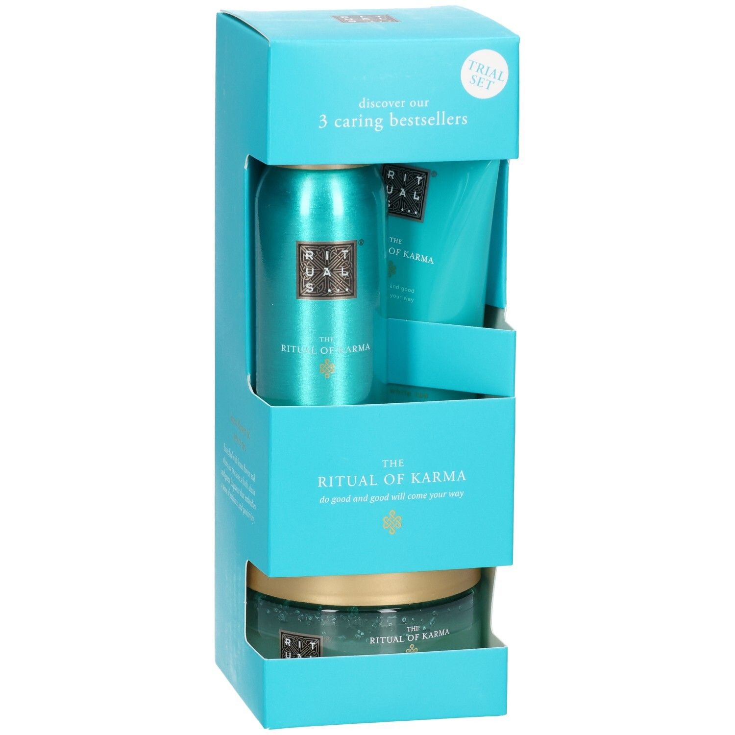 Set découverte RITUALS Karma : mousse de douche, crème pour le corps et gommage corporel dans un emballage turquoise.