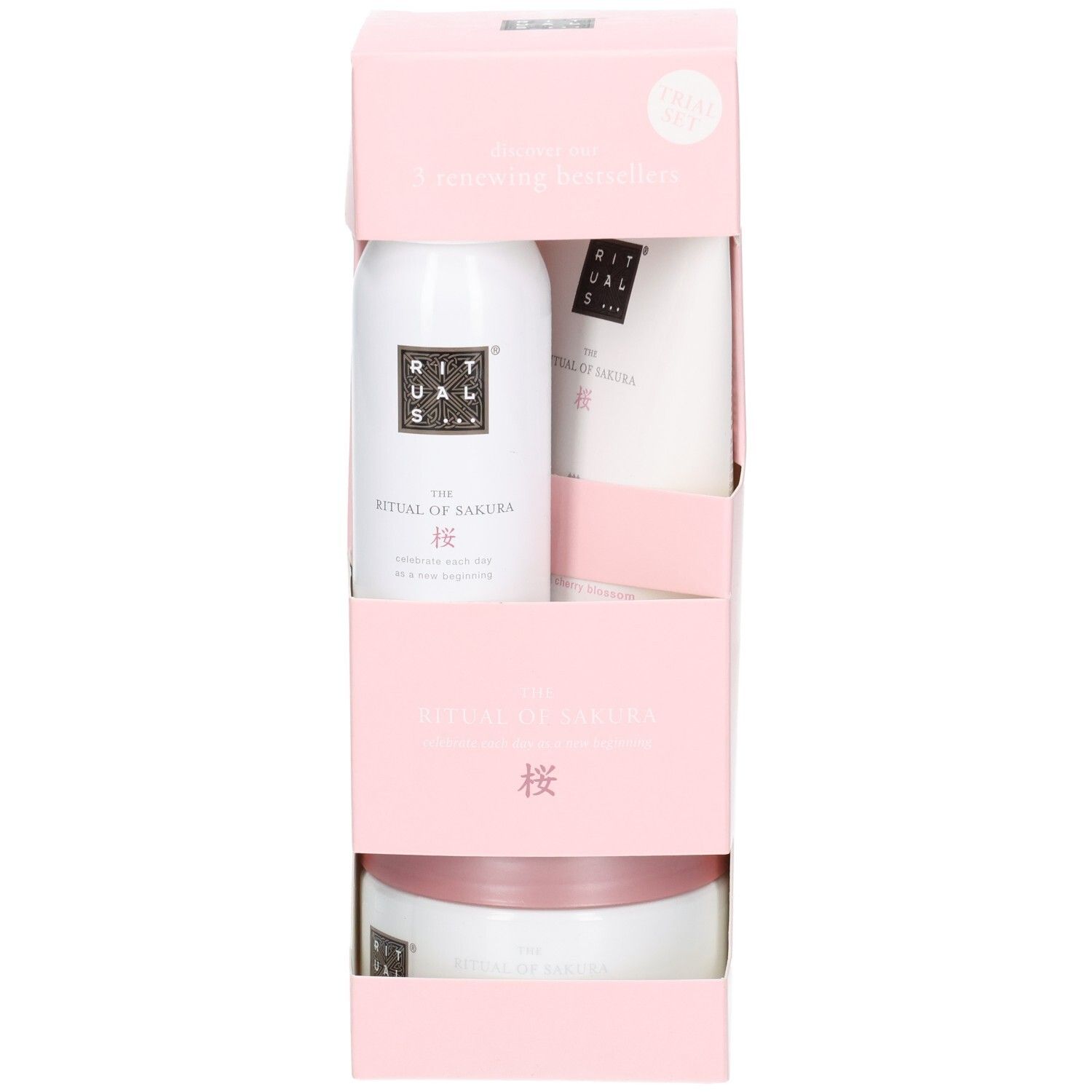 Rituals The Ritual of Sakura Set, vue avant avec trois produits dans un emballage rose.