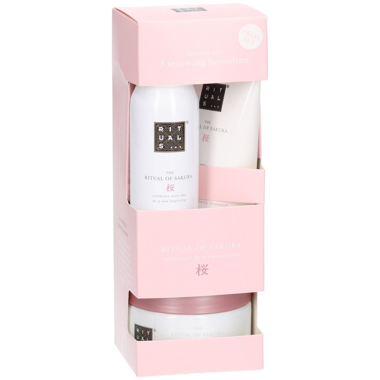 Rituals The Ritual of Sakura Set, gros plan des produits dans l'emballage rose.