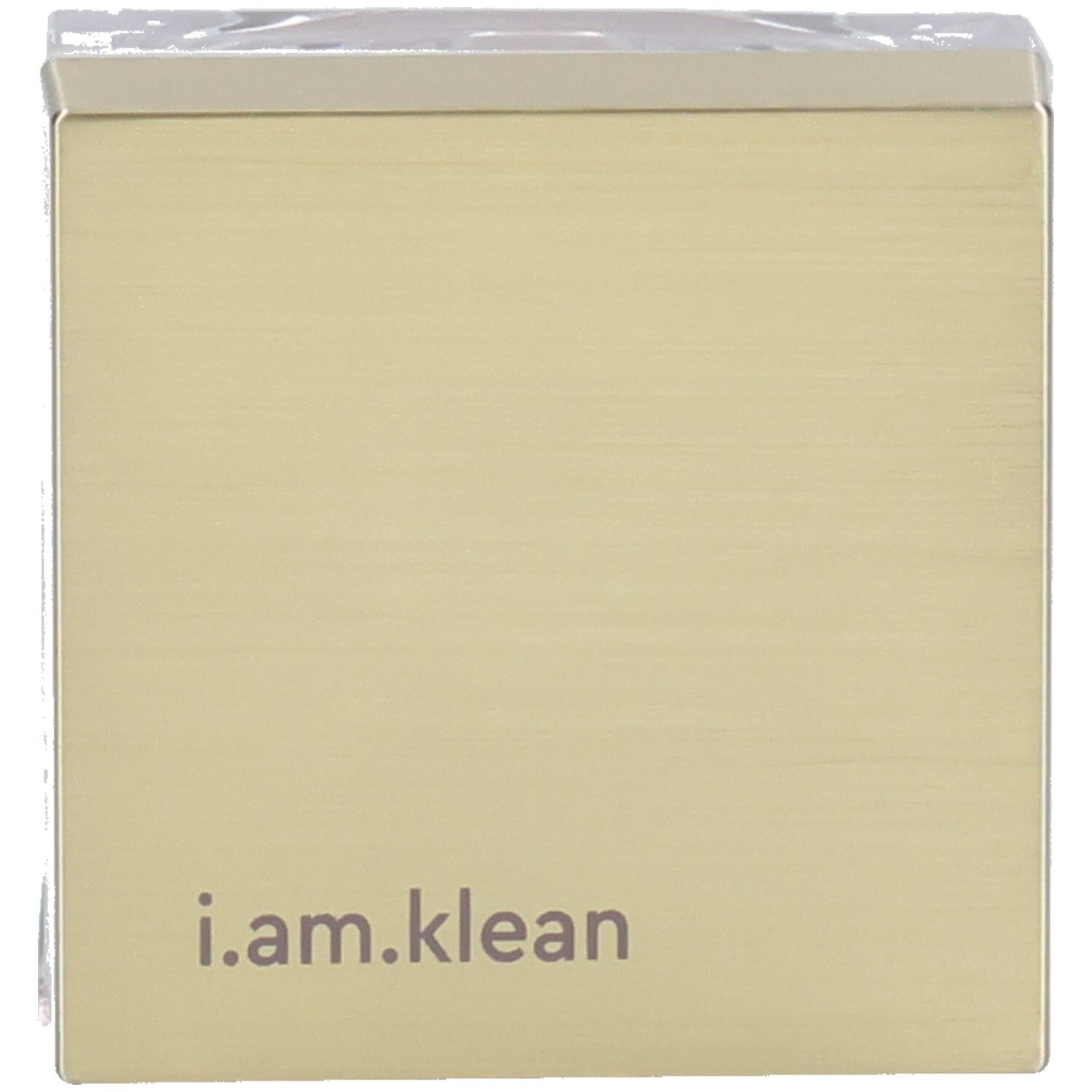 Boîte carrée dorée avec inscription i.am.klean. Couvercle transparent sur le dessus.
