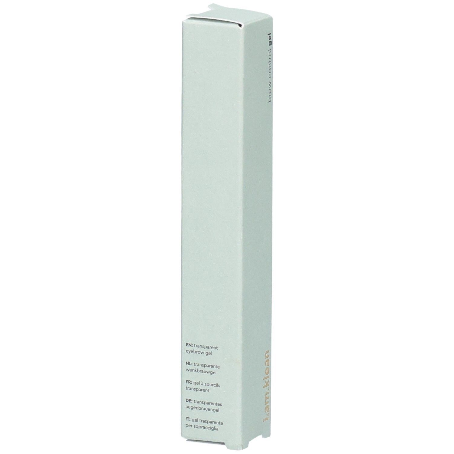 Emballage vert clair avec nom du produit et logo. Texte: brow control gel, i.am.klean. Description multilingue du produit.