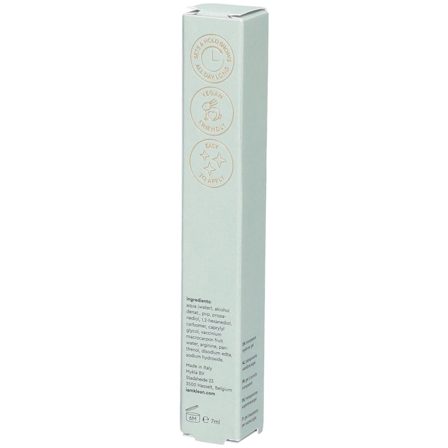 Emballage vert clair avec nom du produit et logo. Texte: brow control gel, i.am.klean. Vegan, facile à appliquer.