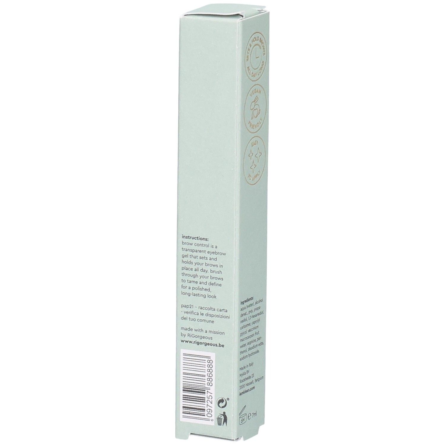 Emballage vert clair avec nom du produit et logo. Texte: brow control gel, i.am.klean. Ingrédients et instructions d'utilisation.