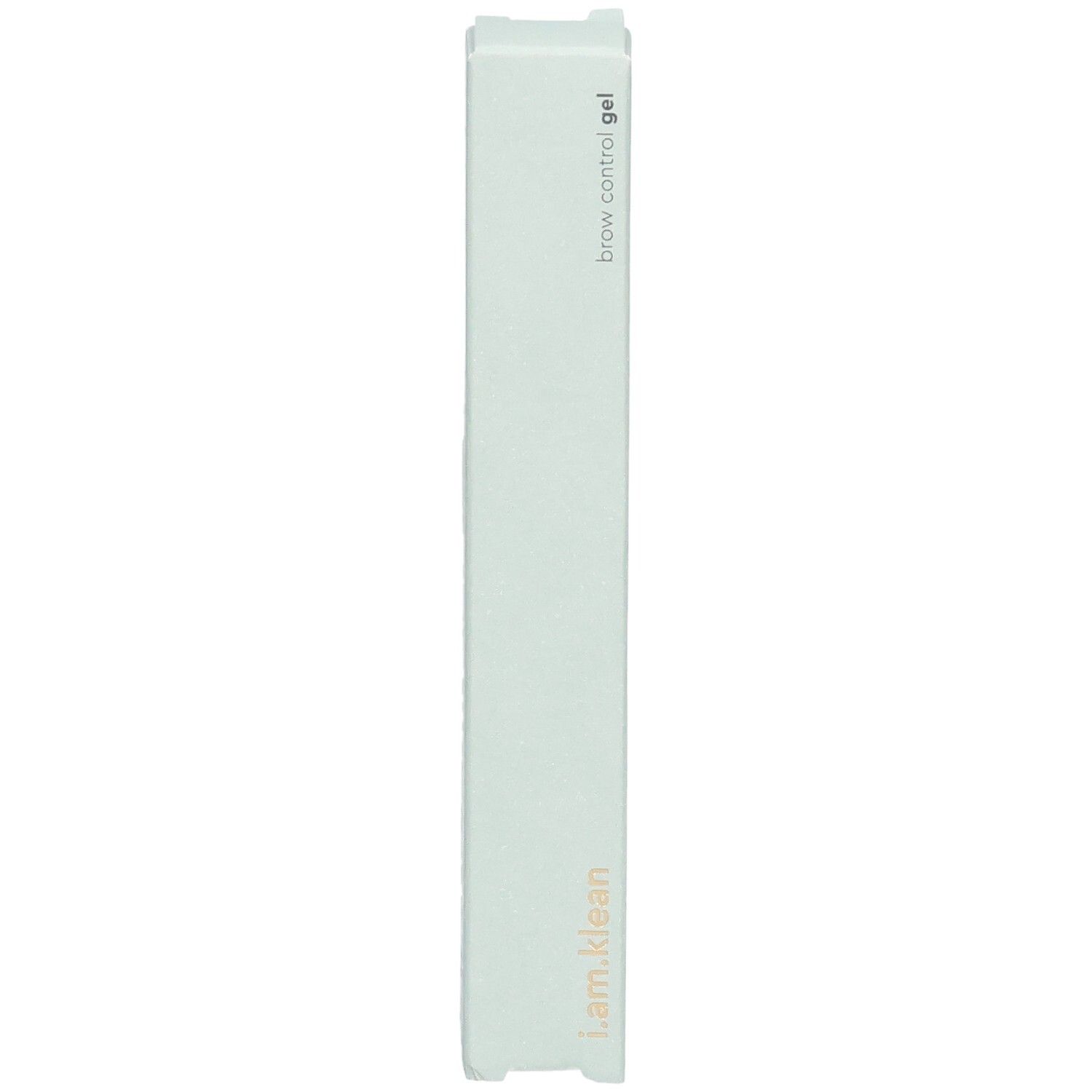 Emballage vert clair avec nom du produit et logo. Texte: brow control gel, i.am.klean. Forme rectangulaire et élancée.