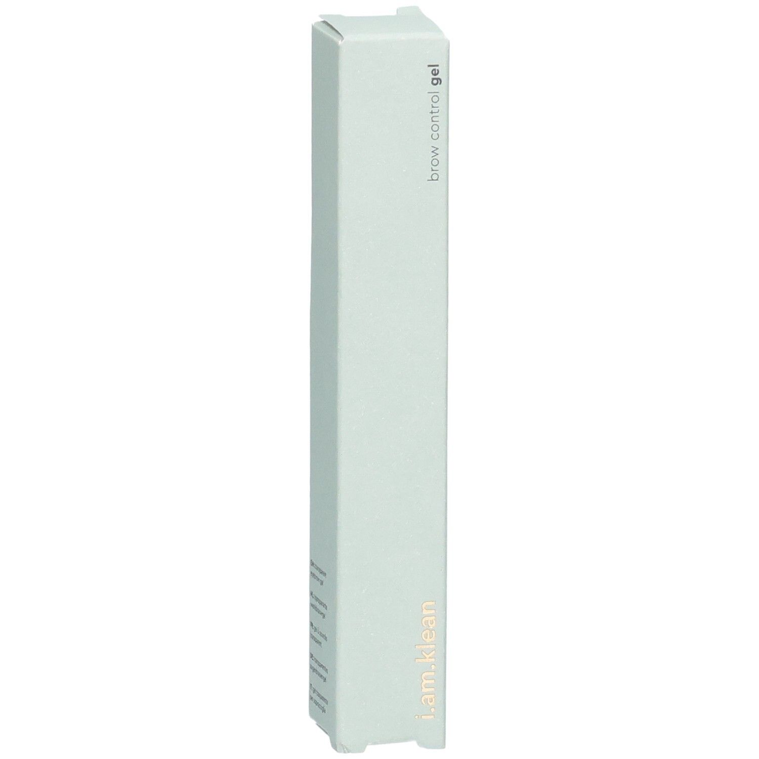Emballage vert clair avec nom du produit et logo. Texte: brow control gel, i.am.klean. Forme rectangulaire et élancée.