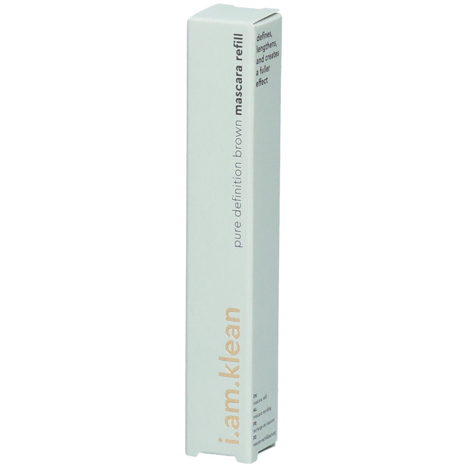 Emballage de recharge de mascara i.am.klean. Emballage blanc-vert avec nom du produit et logo.