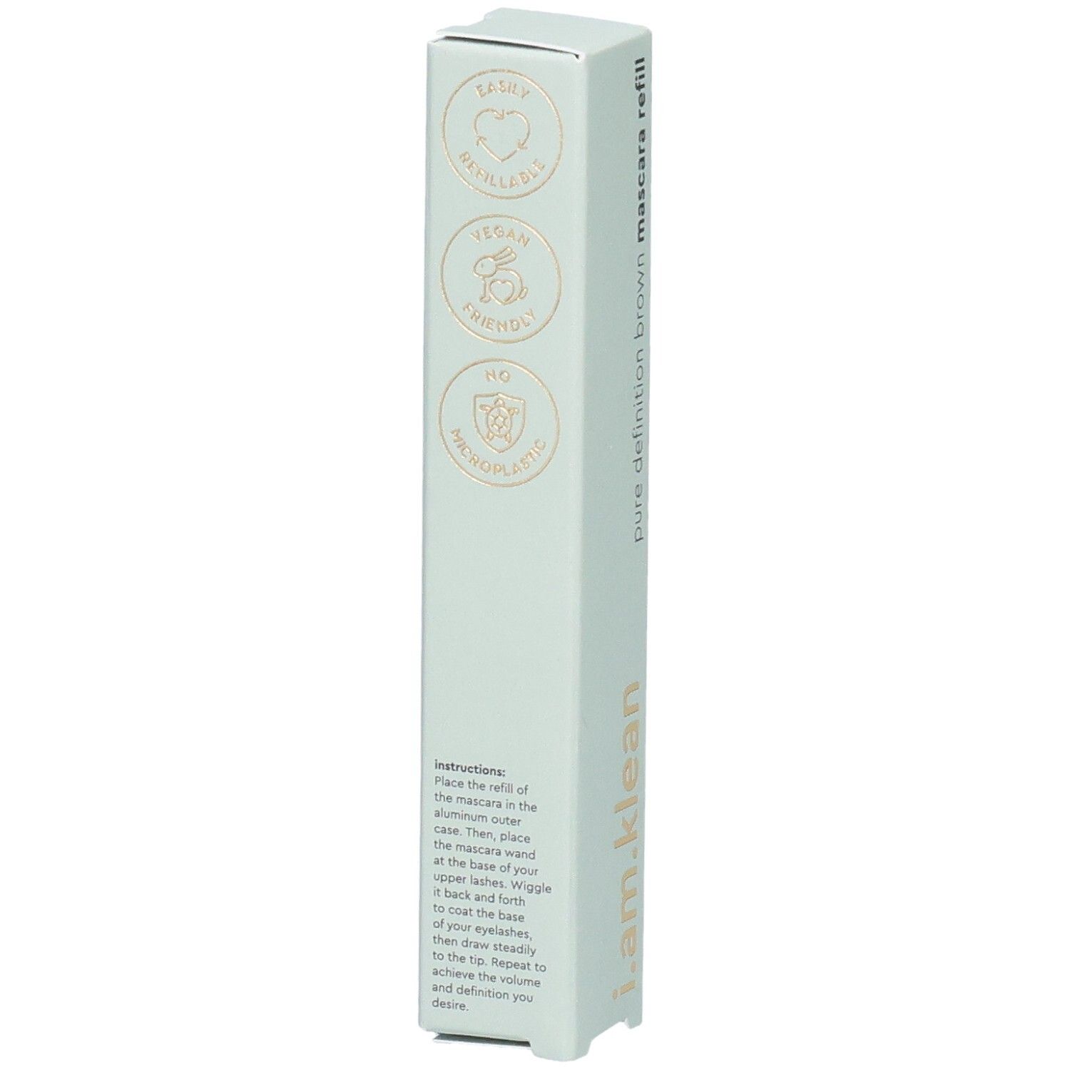 Emballage de recharge de mascara i.am.klean. Vegan, sans cruauté, sans plastique. Instructions.