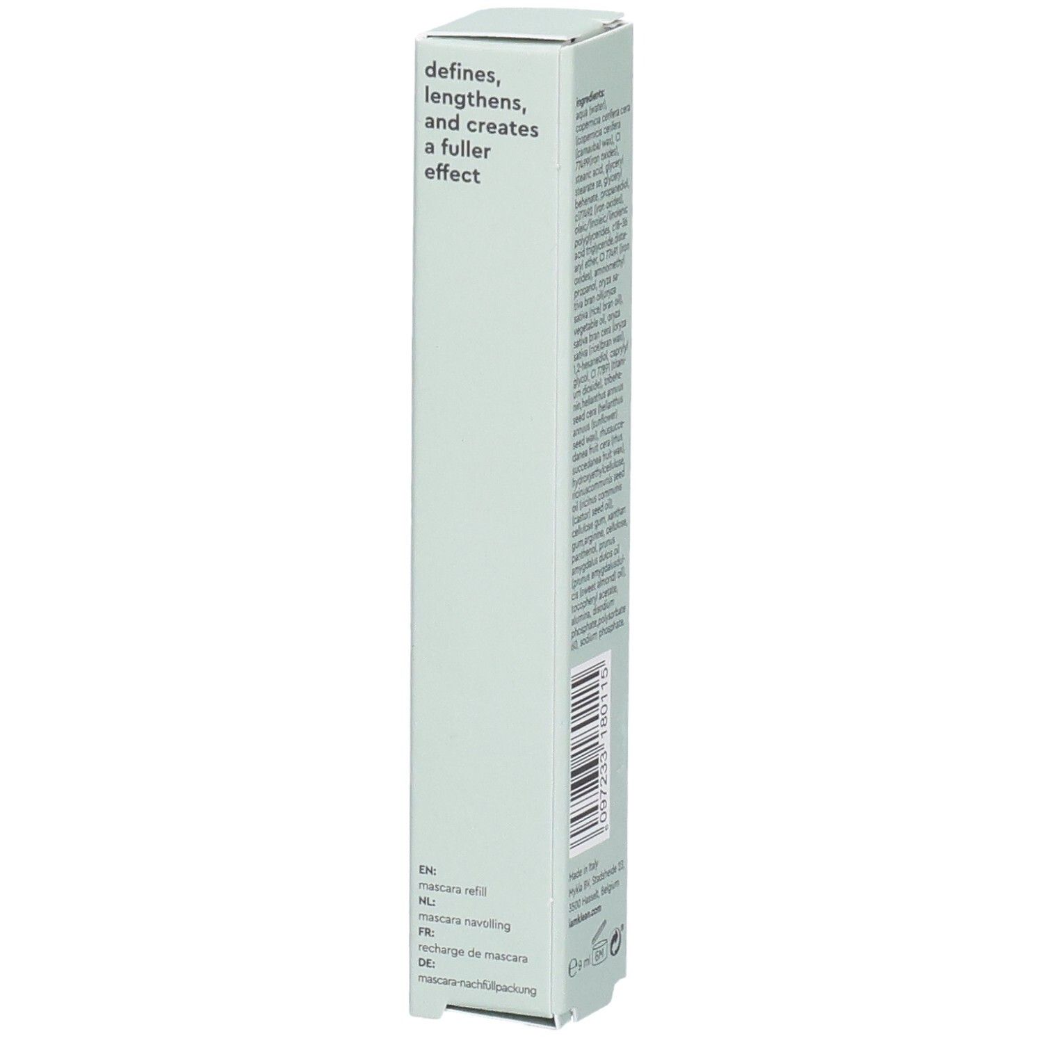 Emballage de recharge de mascara i.am.klean. Texte: définit, allonge, effet plus fourni. Multilingue.