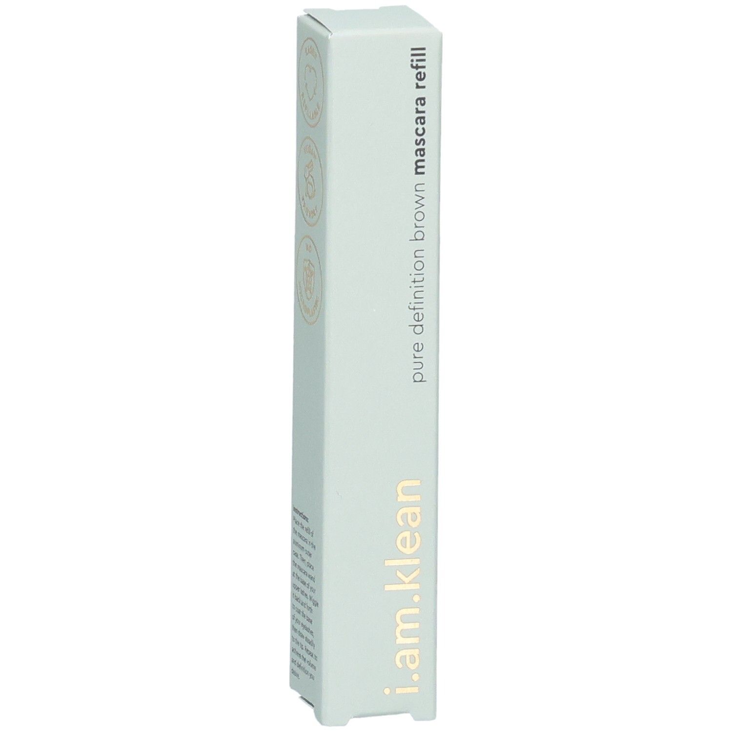 Emballage de recharge de mascara i.am.klean. Emballage blanc-vert avec nom du produit et logo.