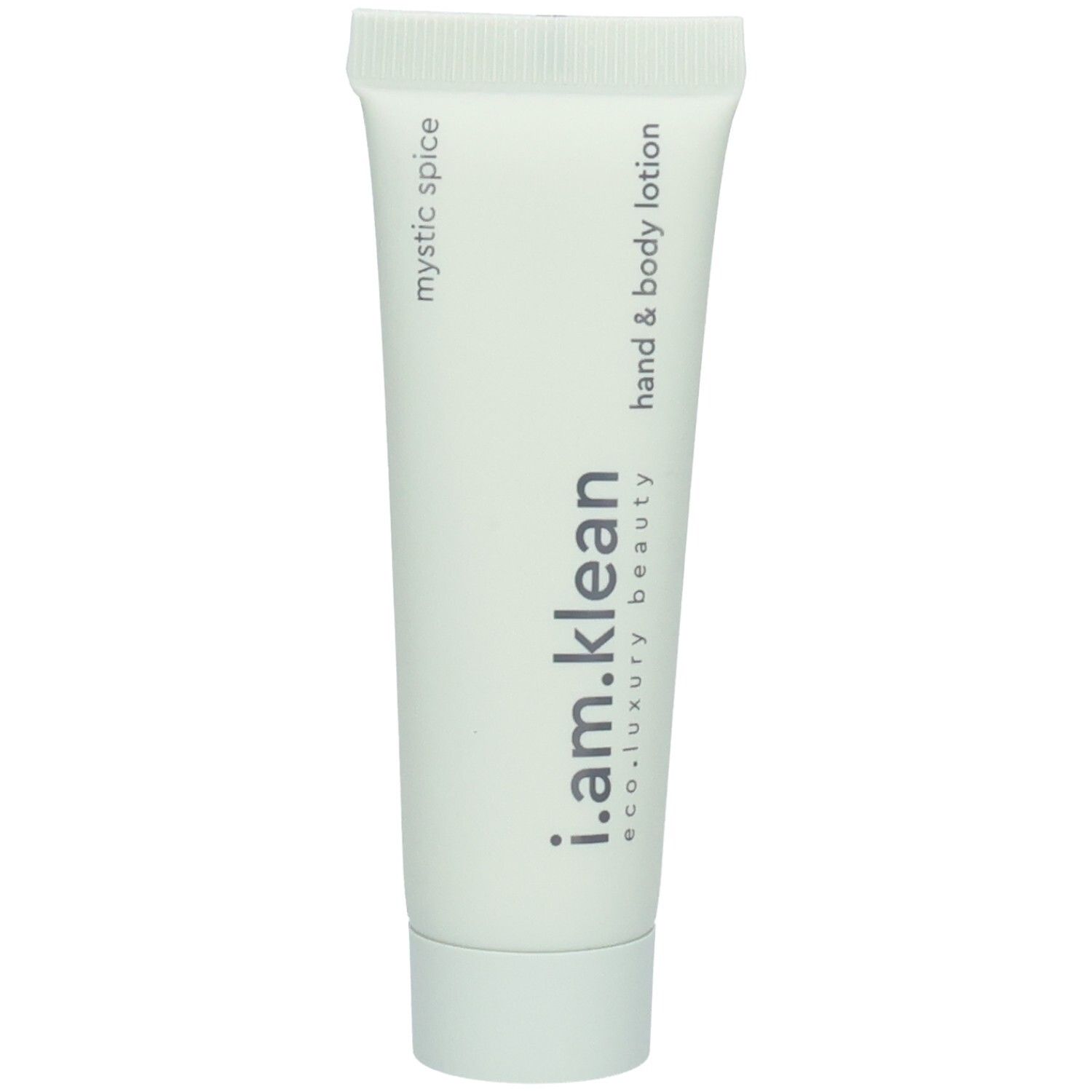 Tube claire. Inscription : i.am.klean, Mystic Spice, Hand & Body Lotion. Vue verticale.