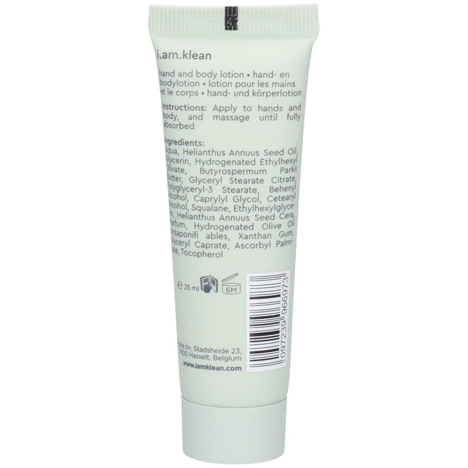 Dos du tube. Texte : Hand & Body Lotion, ingrédients, 25 ml. Avec indications de production et de durabilité.