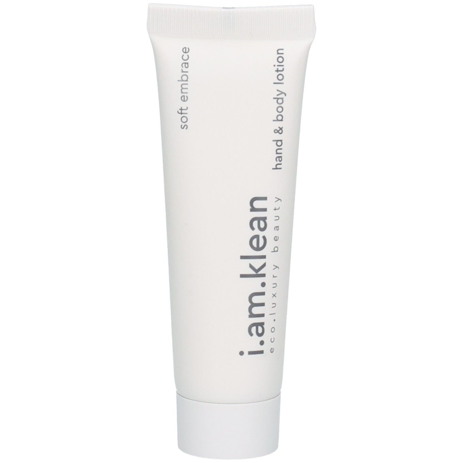 Tube blanche, inscription: i.am.klean, Hand & Body Lotion, Soft Embrace. Vue verticale.