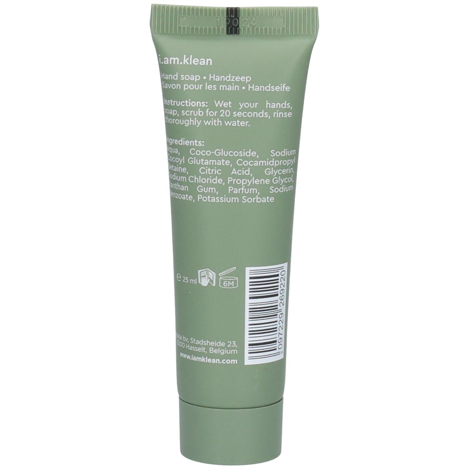 Dos du tube vert. Texte : savon pour les mains, ingrédients, instructions. Marque : i.am.klean.