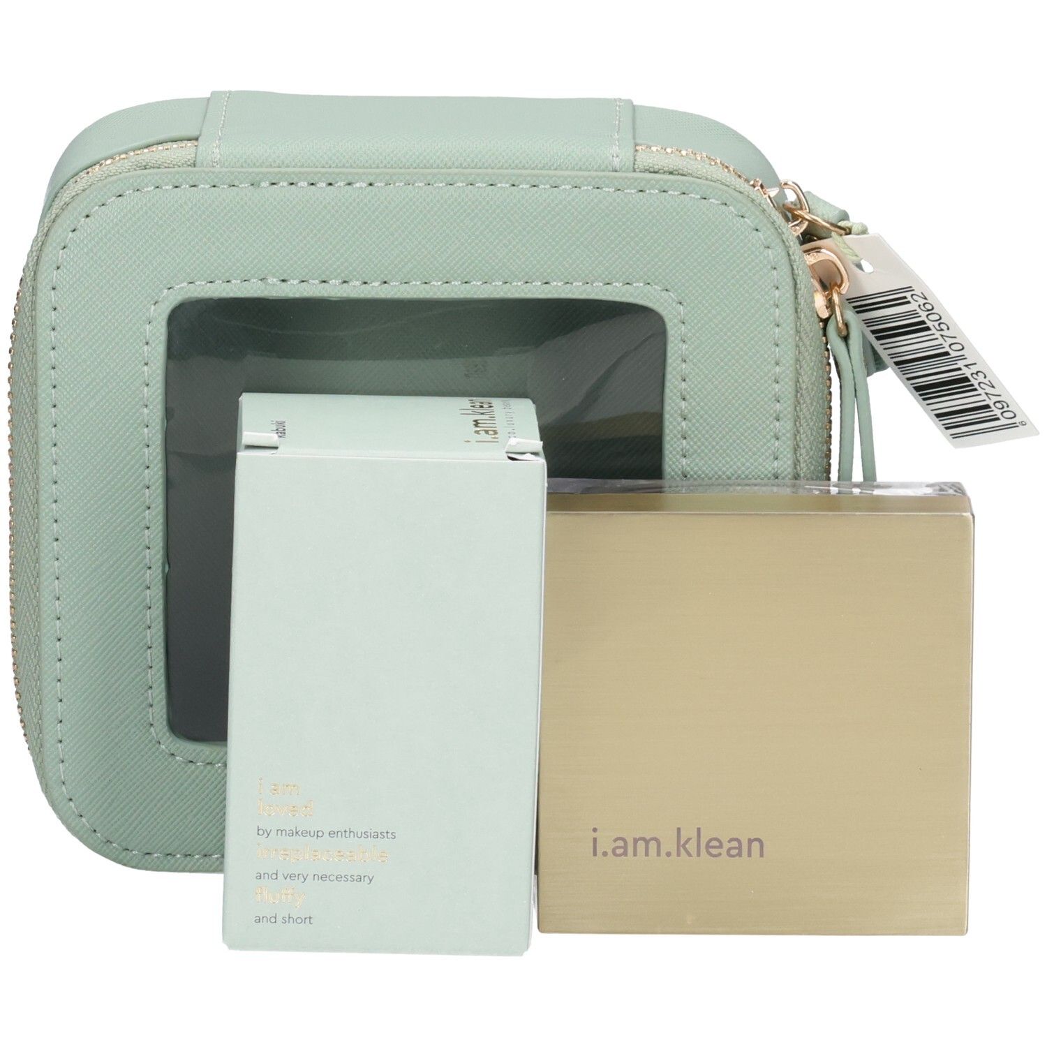 Trousse de maquillage carrée vert clair avec fermeture éclair. Contient deux produits et un emballage. Logo i.am.klean.
