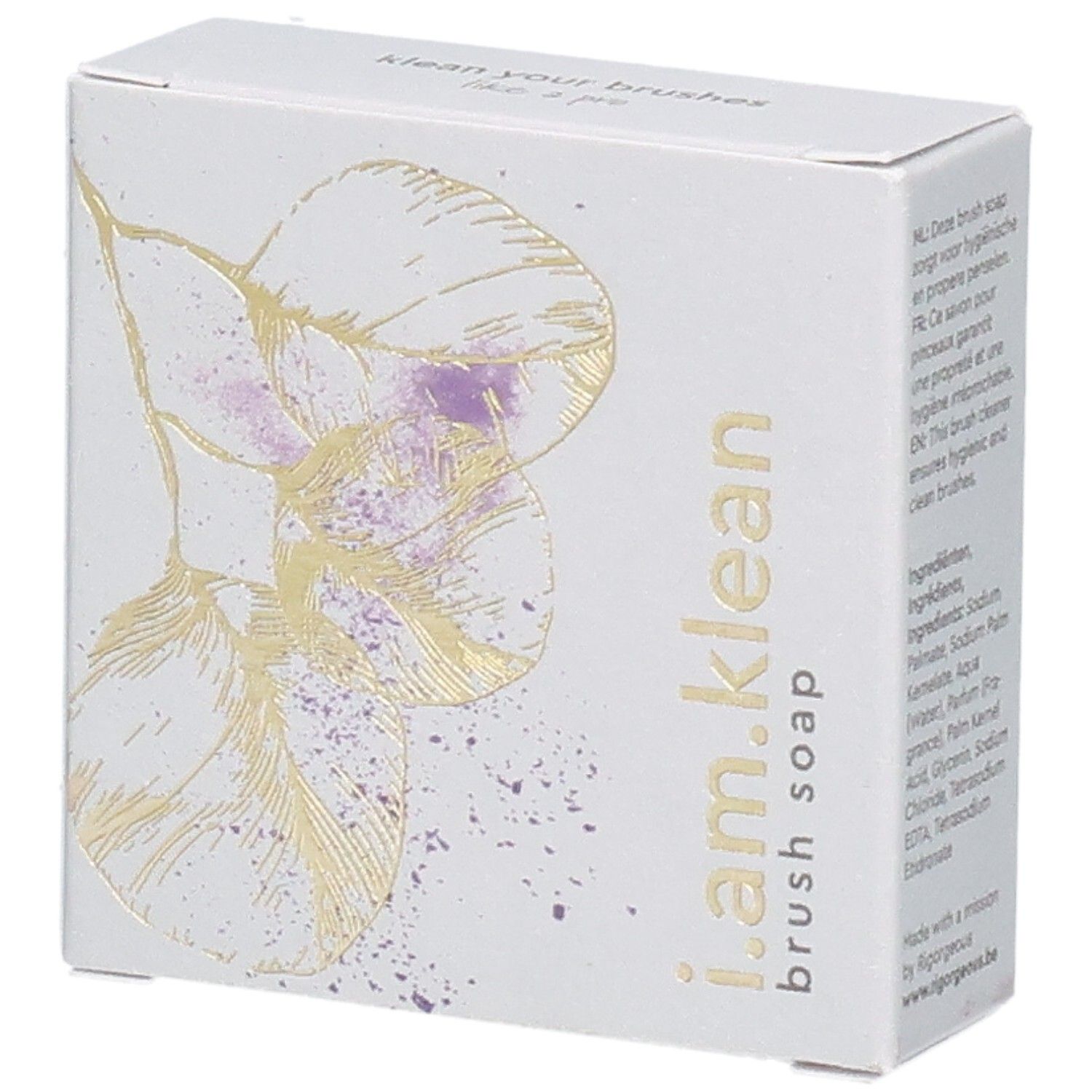 Boîte en carton avec motif floral et nom du produit i.am.klean Brush Soap. Ingrédients et texte multilingue visibles.