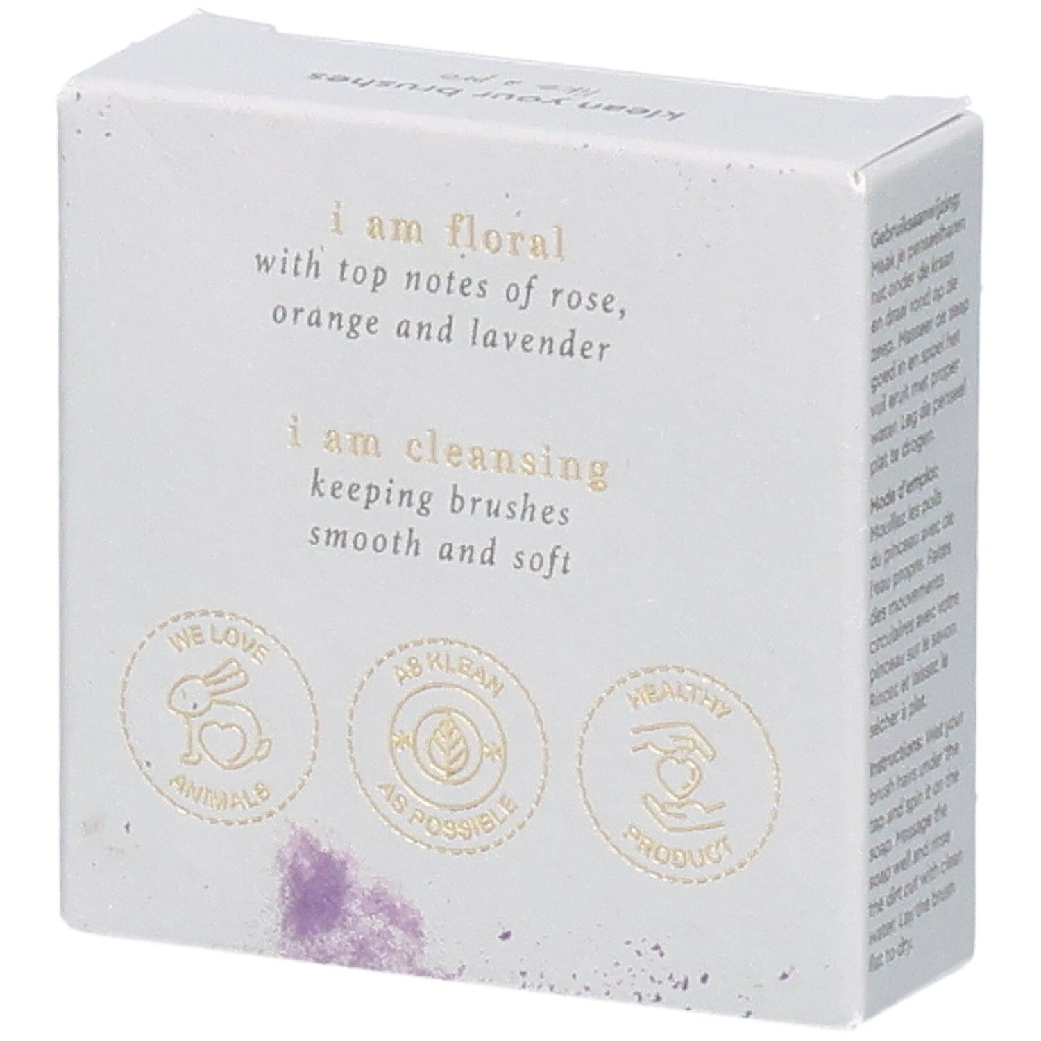 Boîte en carton avec motif floral et texte: i am floral, i am cleansing. Logos: We love animals, AB klean, Healthy product.
