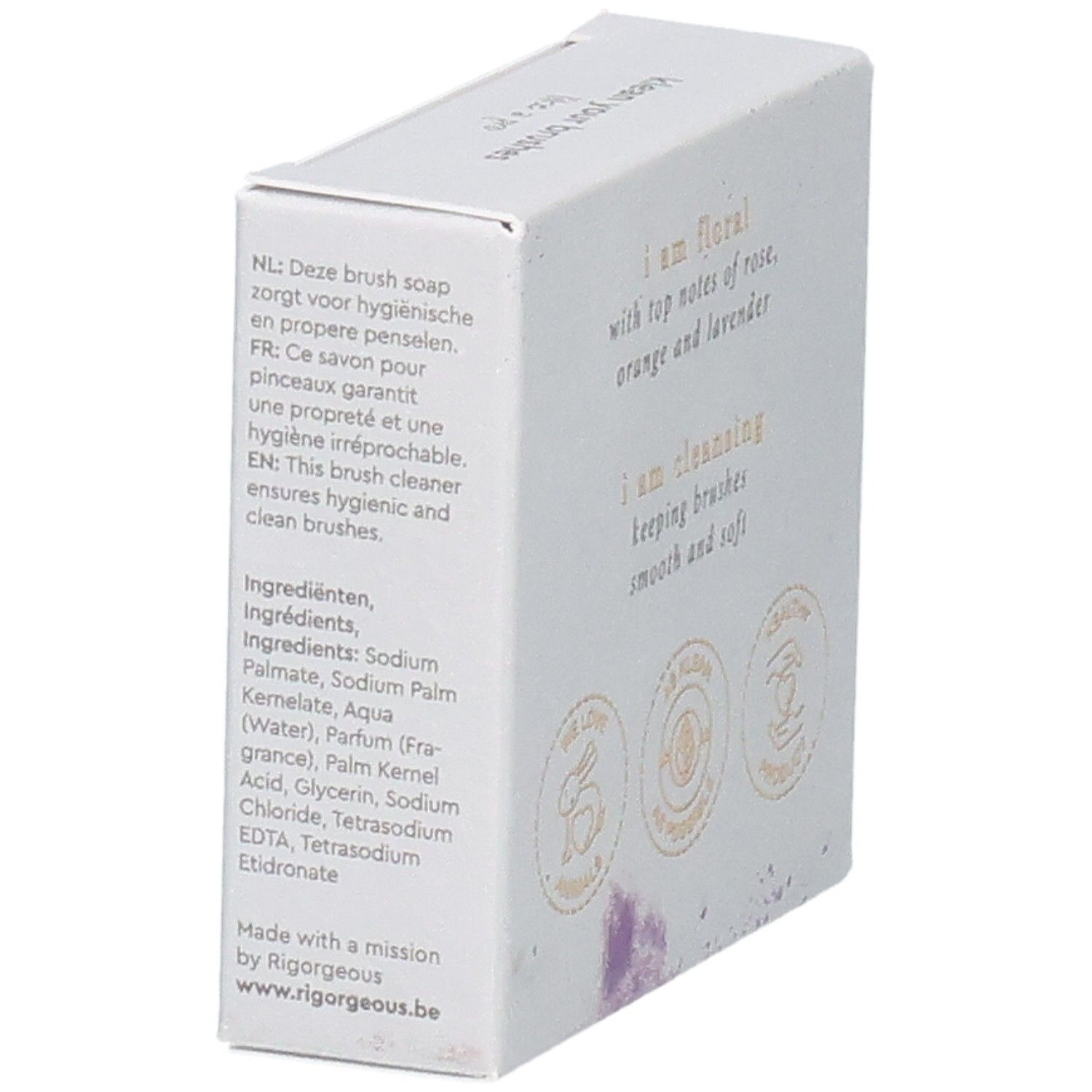 Boîte en carton avec motif floral et texte multilingue. Contient des ingrédients et des logos.