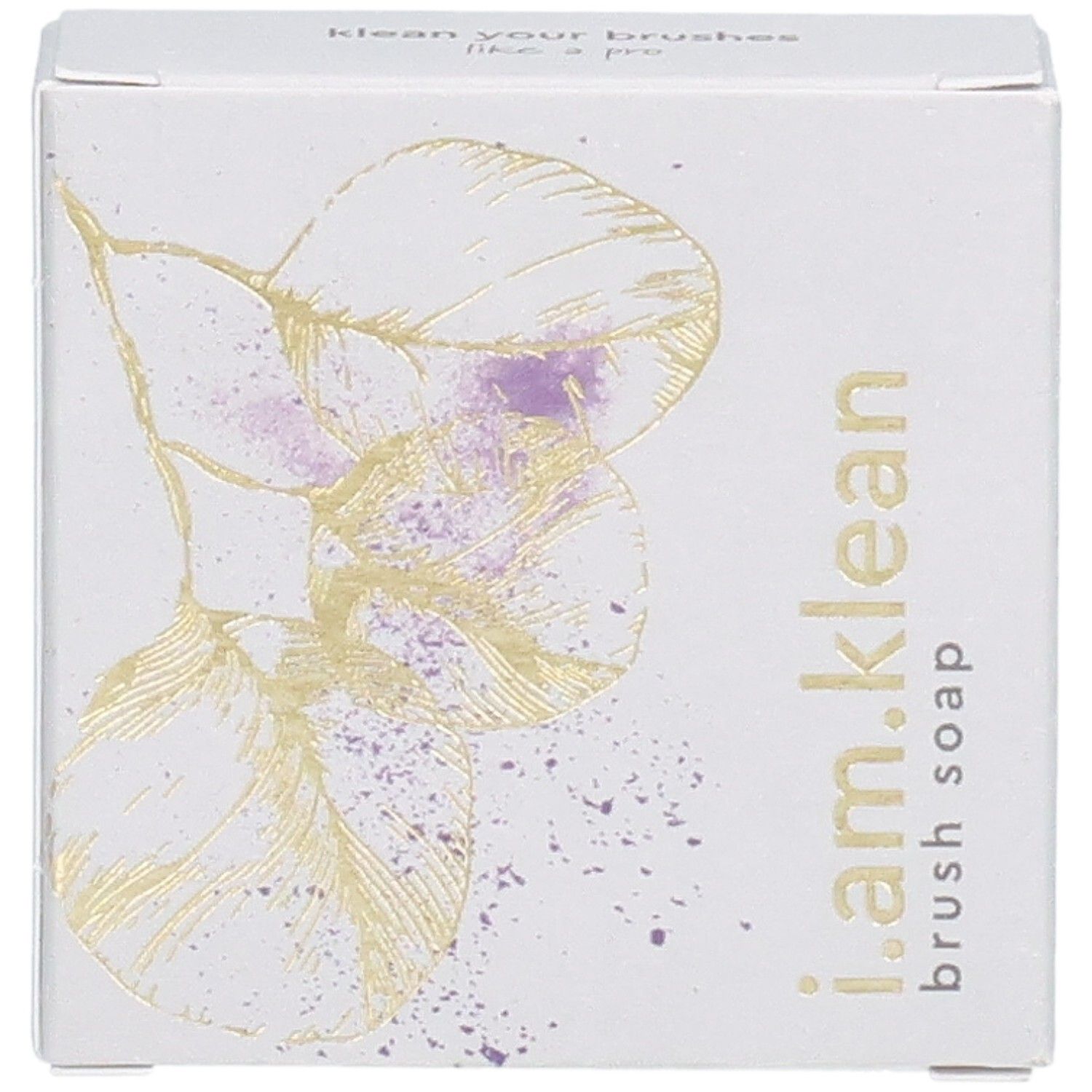 Boîte en carton avec motif floral et nom du produit i.am.klean Brush Soap. Vue de dessus.