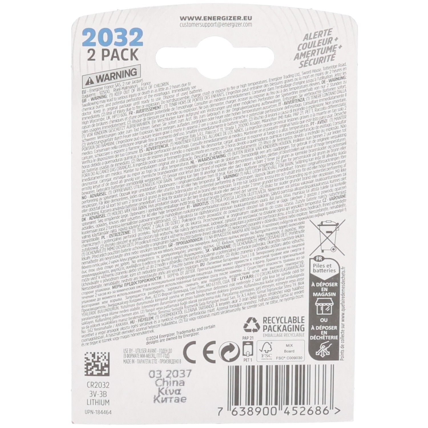 Dos d'un pack de 2 piles Energizer Ultimate Lithium CR2032 avec avertissements et informations de recyclage.