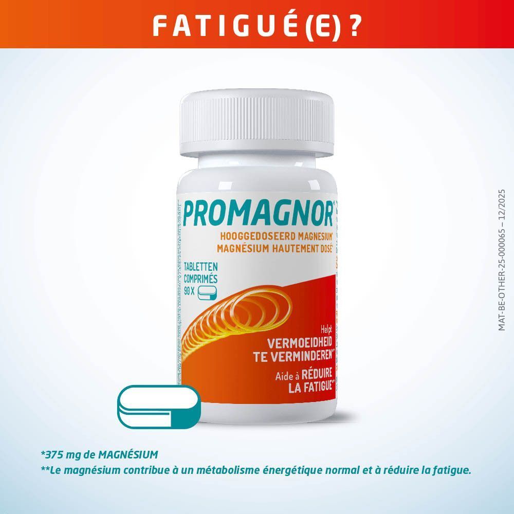 Flacon de Promagnor magnésium haute dose avec un comprimé à côté. 375 mg de magnésium.