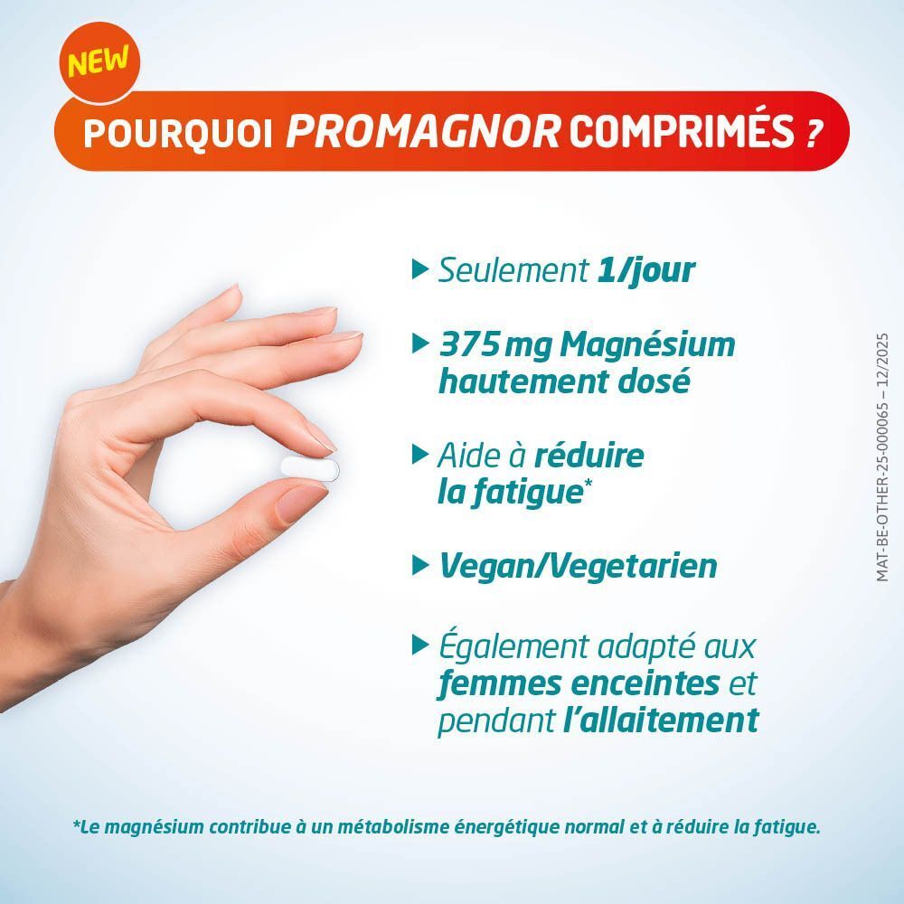 Main tenant un comprimé. Comprimés Promagnor : 1/jour, 375 mg de magnésium, vegan.