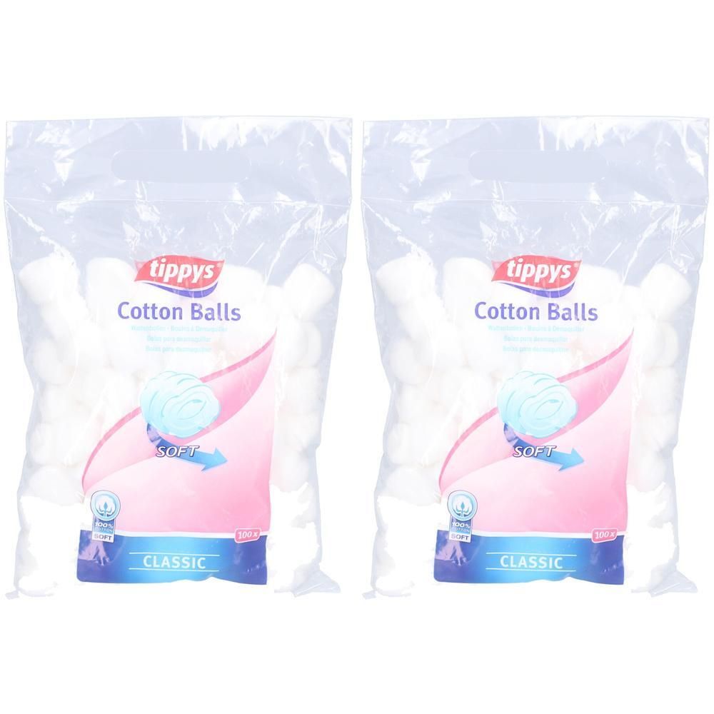 Deux paquets de tippys Cotton Balls Classic, blancs, en coton.