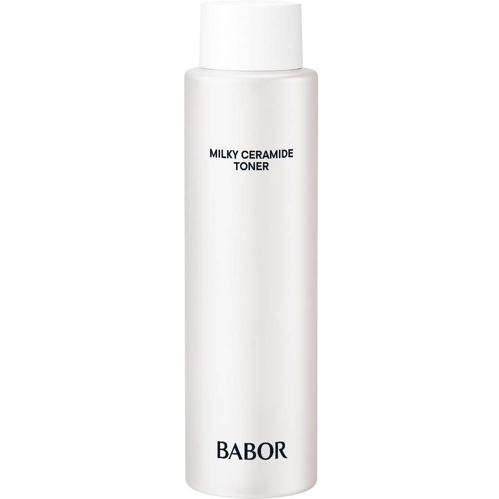 Babor Milky Ceramide Toner dans une bouteille blanche avec inscription noire.