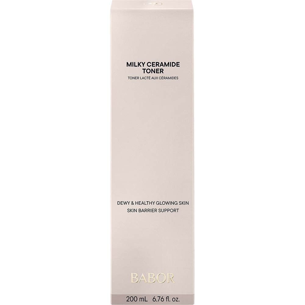Bouteille Babor Milky Ceramide Toner avec bouchon blanc et inscription noire.