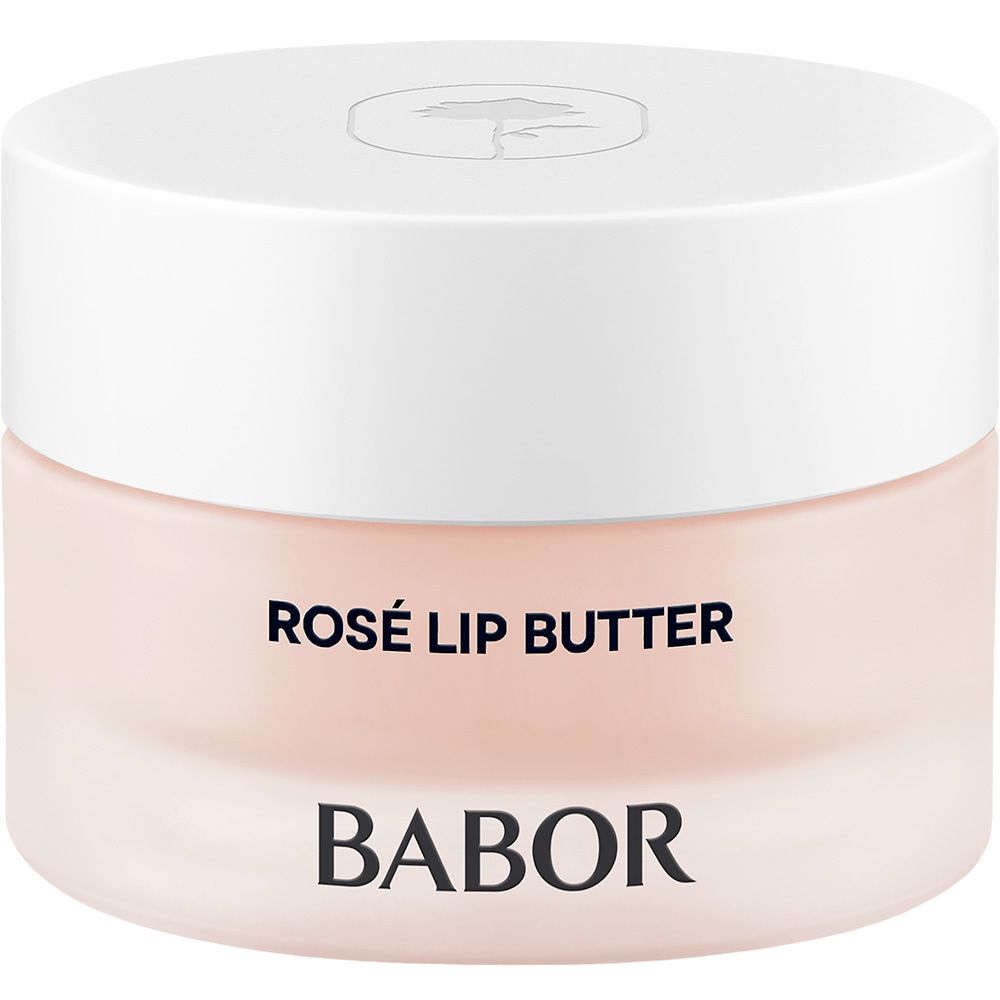 Babor Rosé Lip Butter : Pot rose avec couvercle blanc. Inscriptions : BABOR, ROSÉ LIP BUTTER.