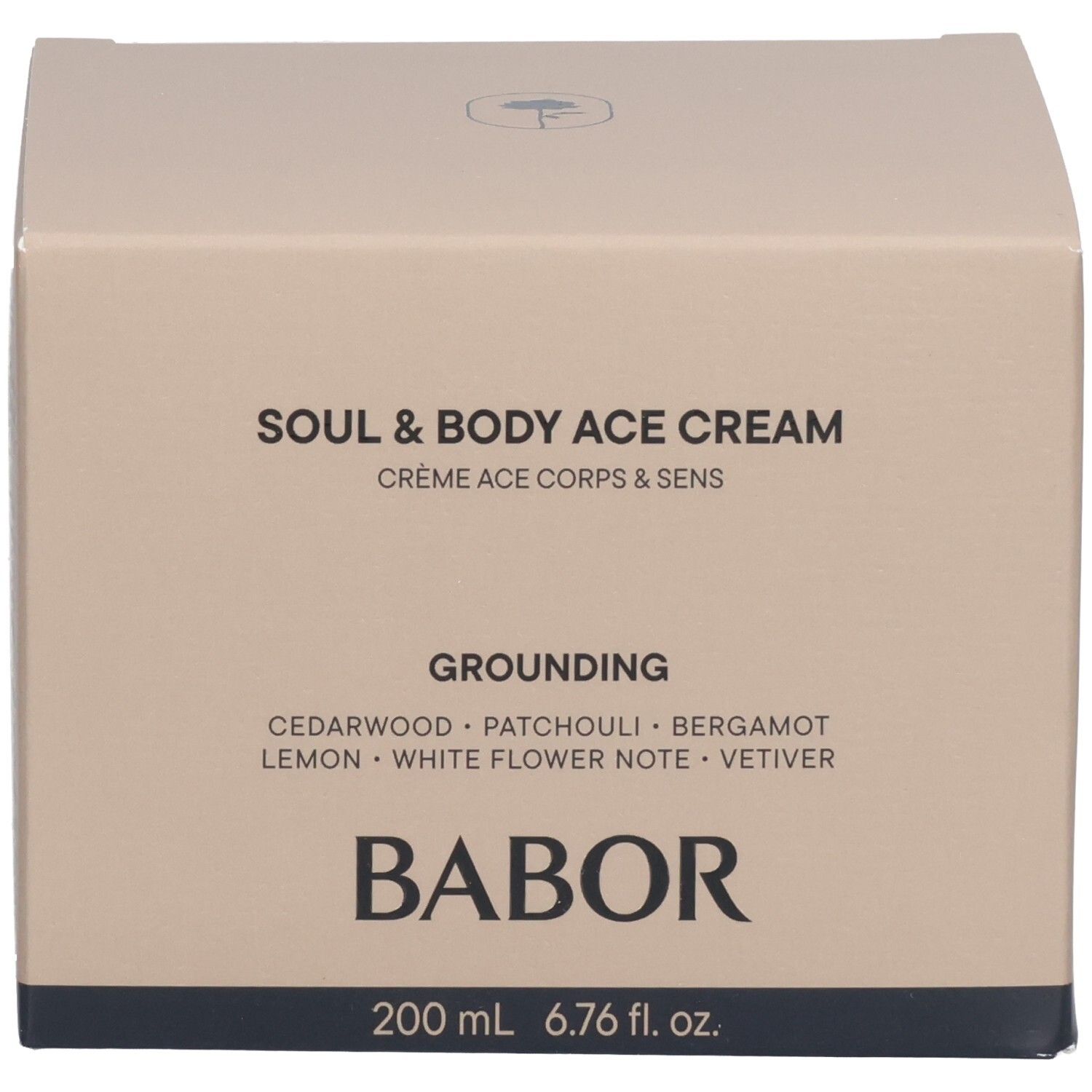 Emballage carton Babor Soul & Body ACE Cream avec notes de parfum et ingrédients.