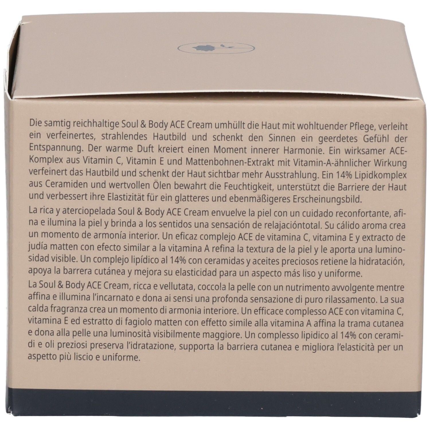 Dos de l'emballage Babor Soul & Body ACE Cream avec description produit en allemand et italien.