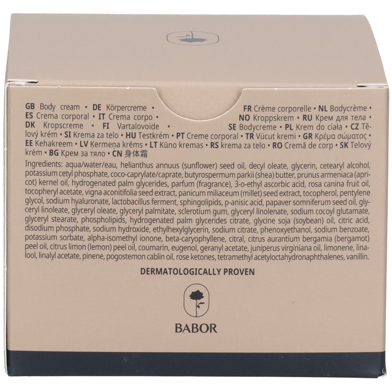 Emballage Babor Soul & Body ACE Cream avec liste des ingrédients et certifications.