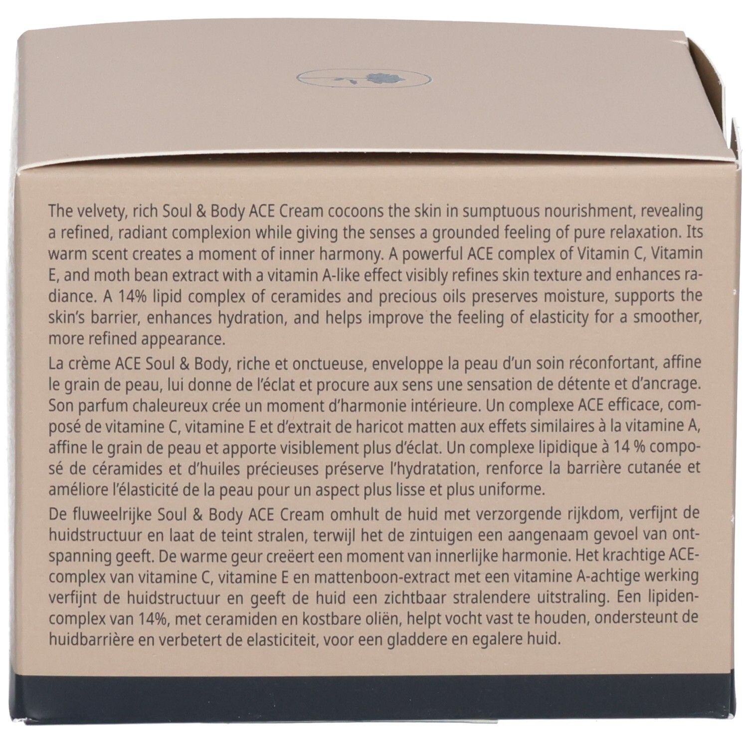 Emballage Babor Soul & Body ACE Cream avec description produit en anglais, français et néerlandais.